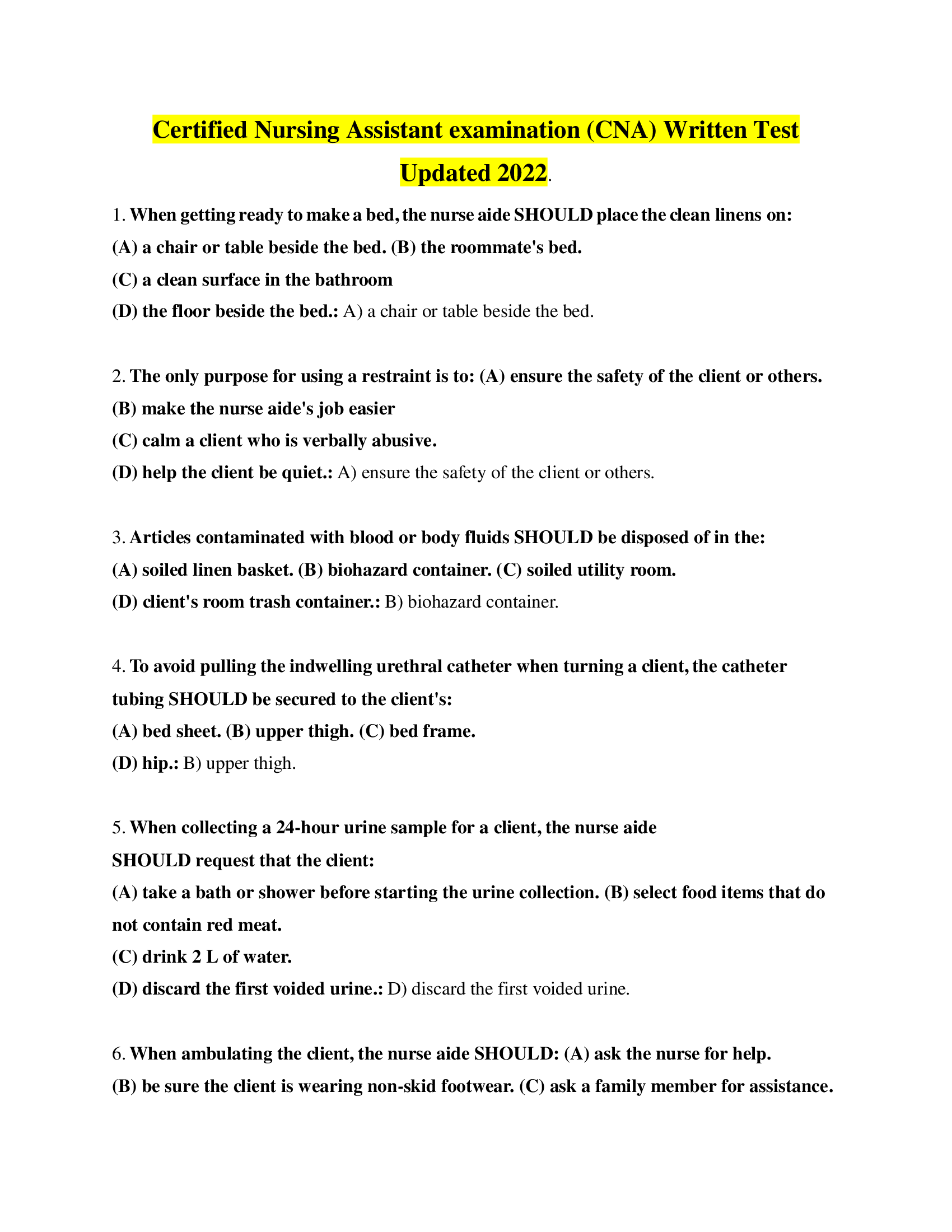 Certified Nursing Assistant examination (CNA) Written Test Answered 2022