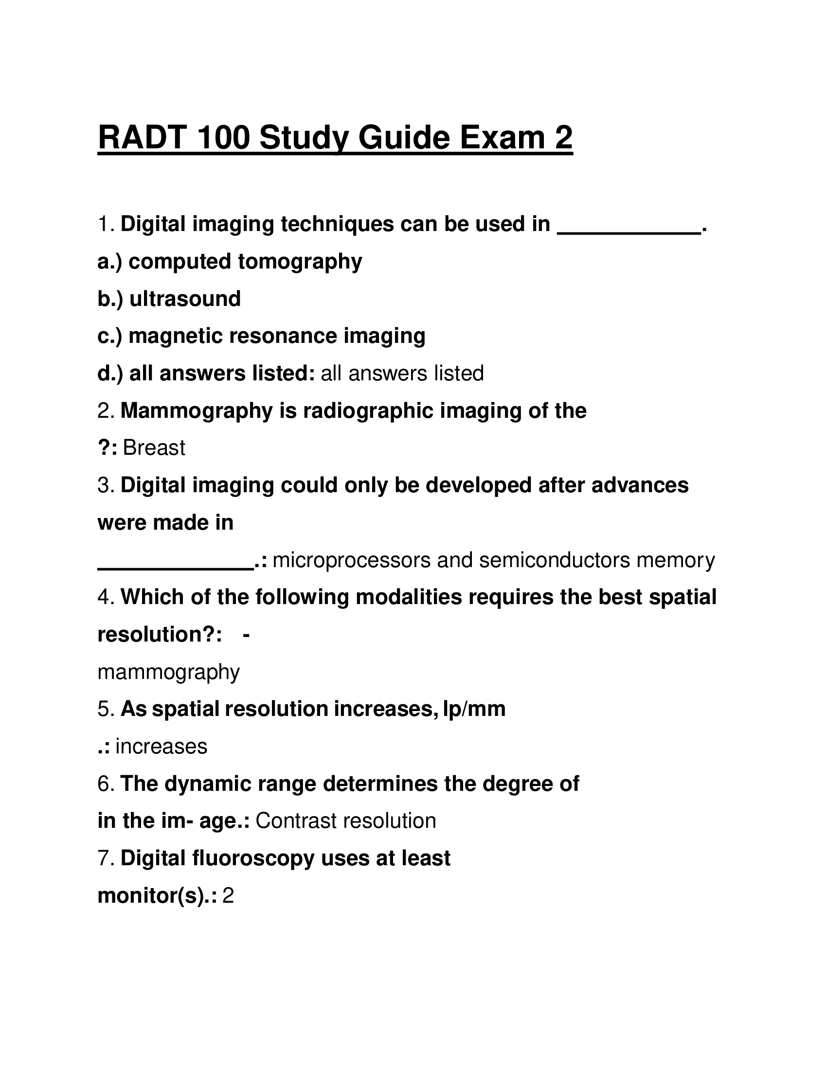 RADT 100 Study Guide Exam 2 Questions and Answers 2024