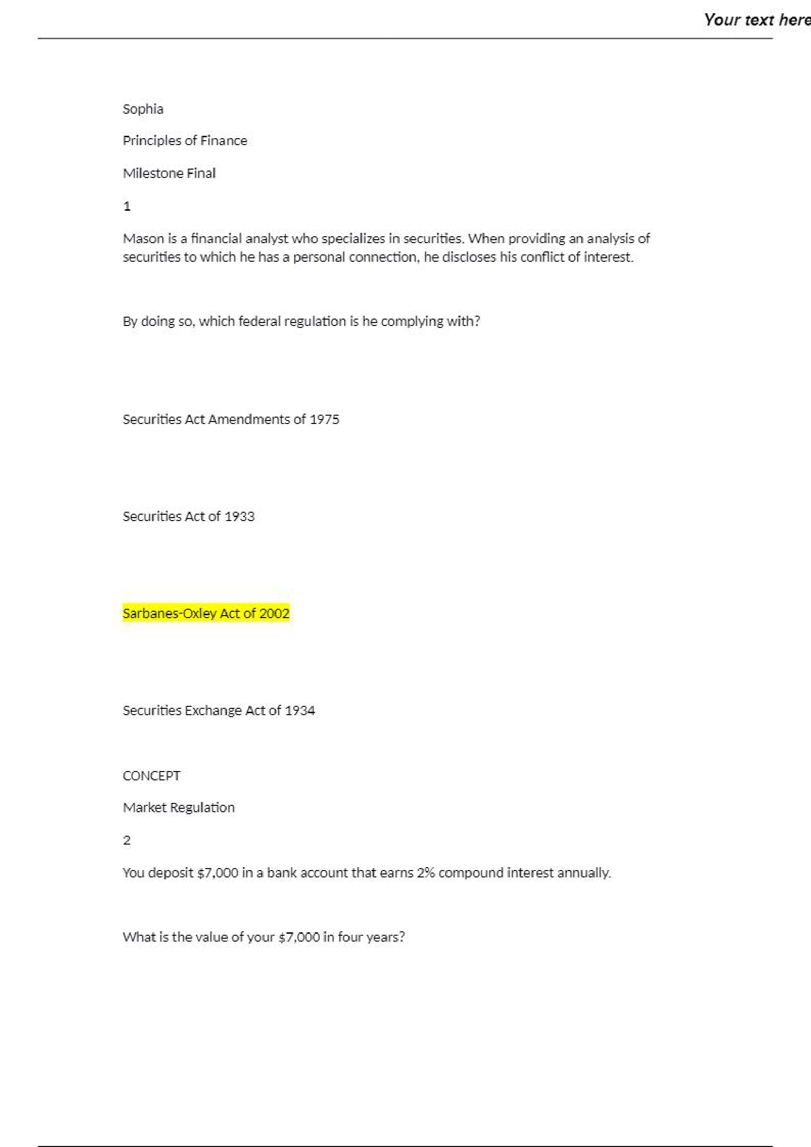 Sophia Principles of Finance Milestone Final
