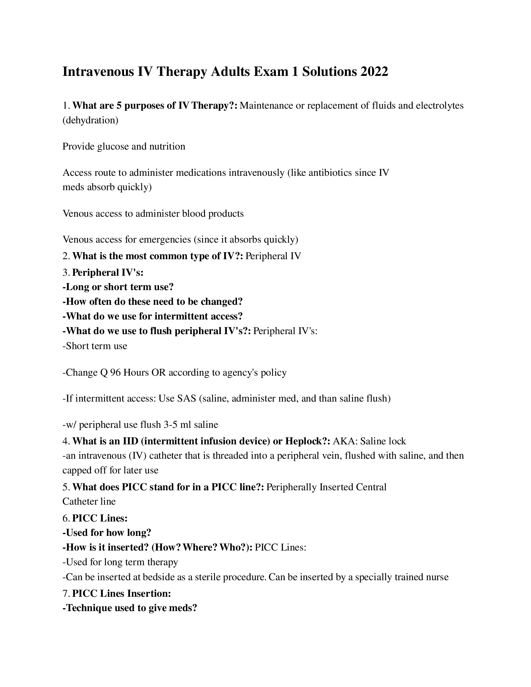 Intravenous IV Therapy Adults Exam 1 Solutions 2022