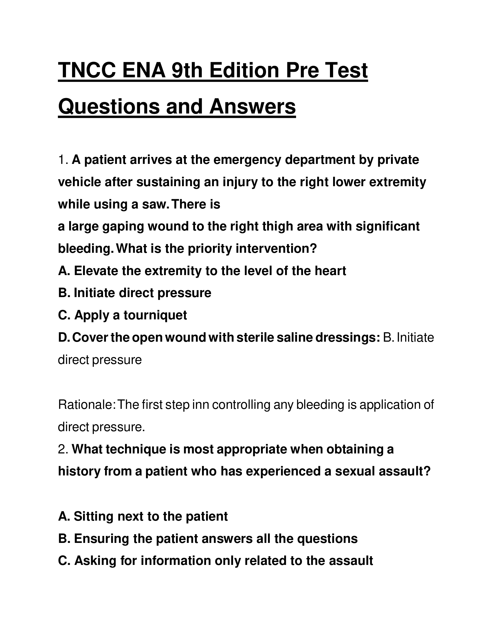 TNCC ENA 9th Edition Pre Test Questions and Answers 2024