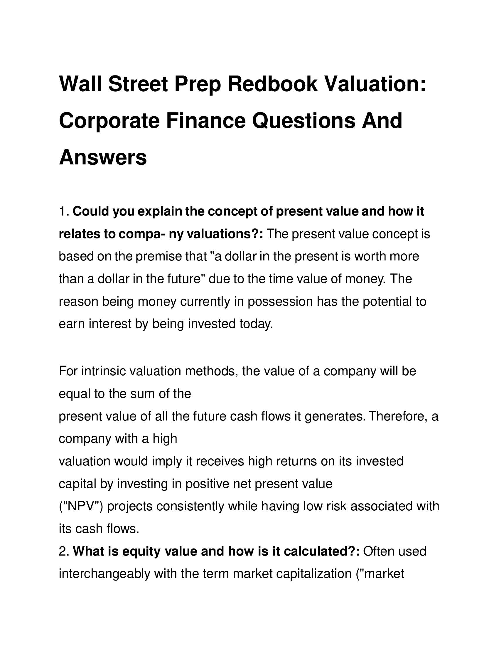Wall Street Prep Redbook Valuation: Corporate Finance Questions And Answers