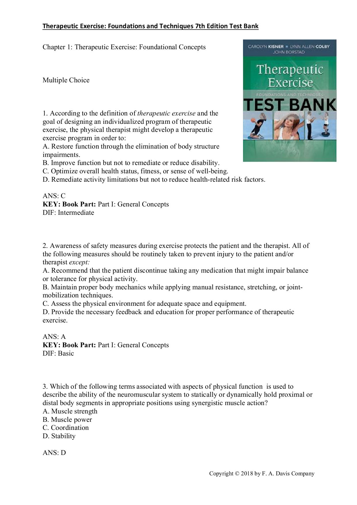 Test Bank For Therapeutic Exercise Foundations and Techniques 7th Edition by Carolyn Kisner