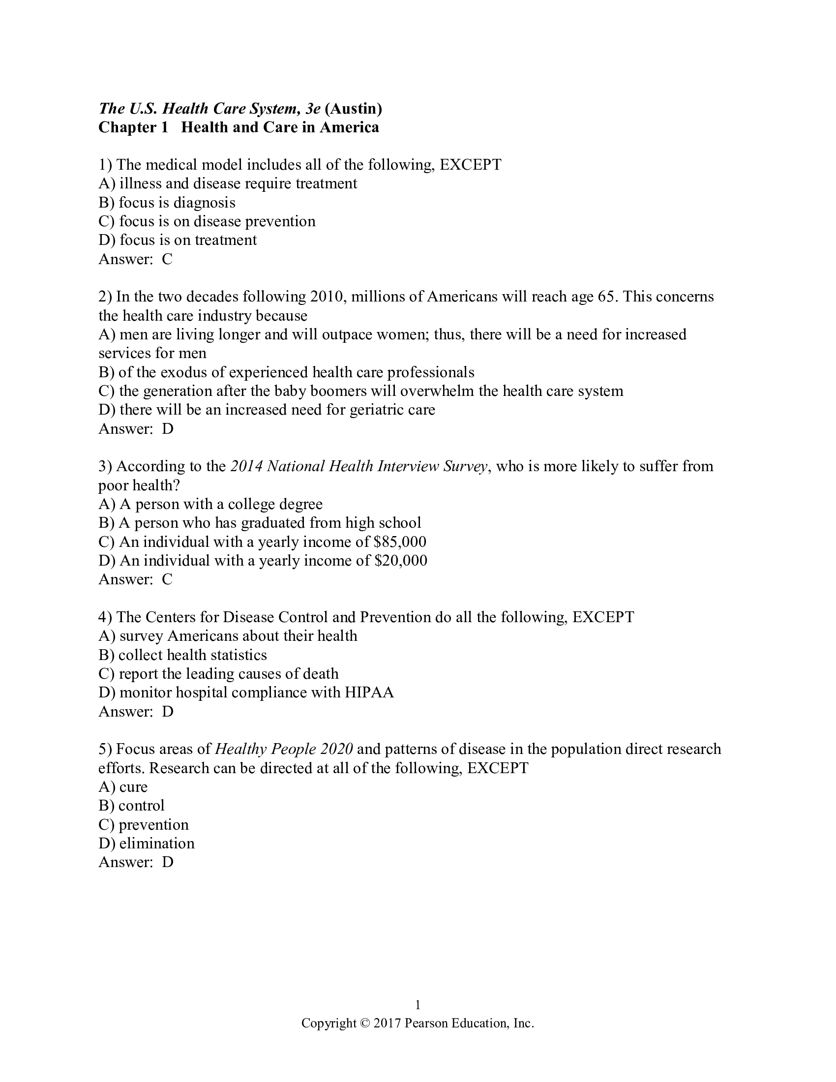 Test Bank for The United States Health Care System 3rd Edition by Austin