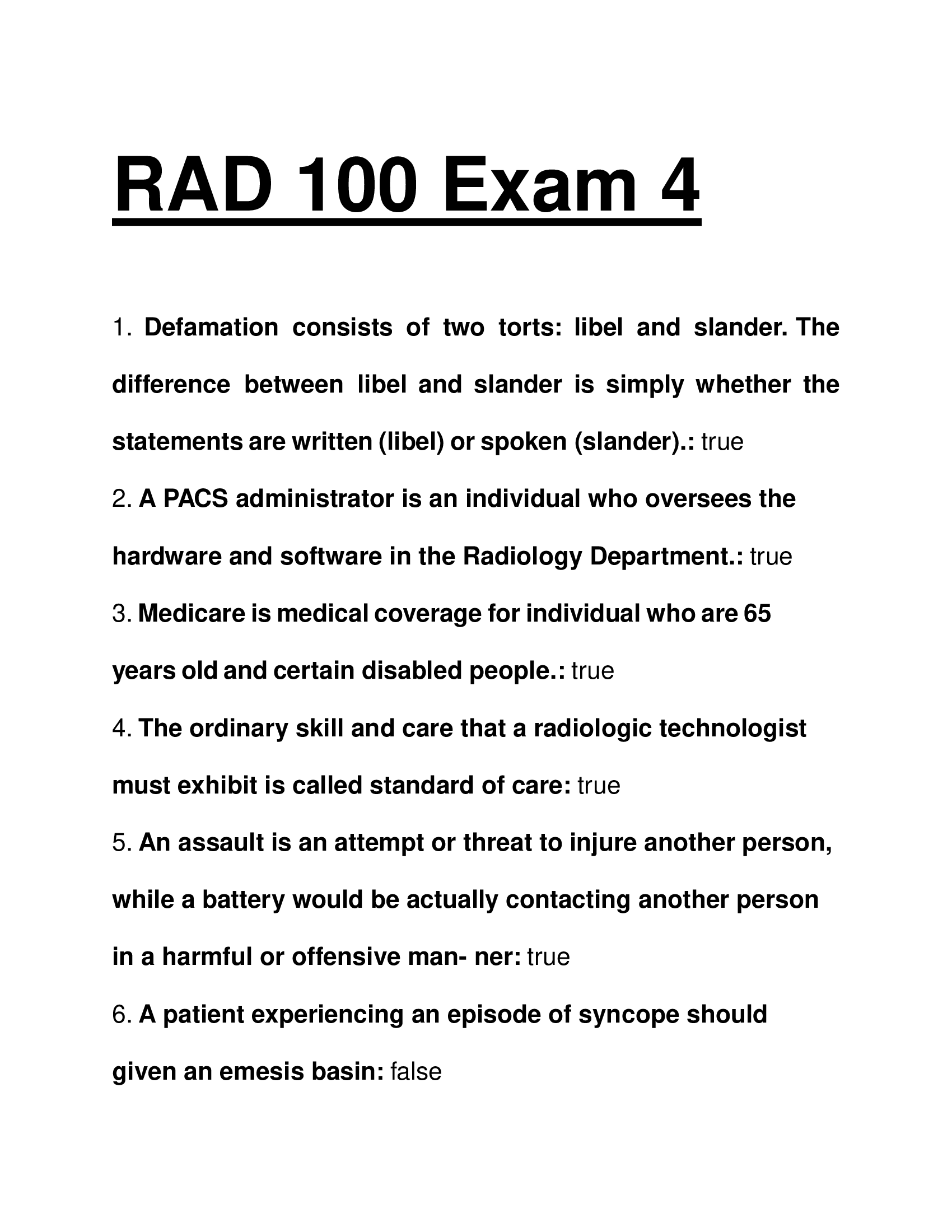 RAD 100 Exam 4 Review Questions and Answers 2026