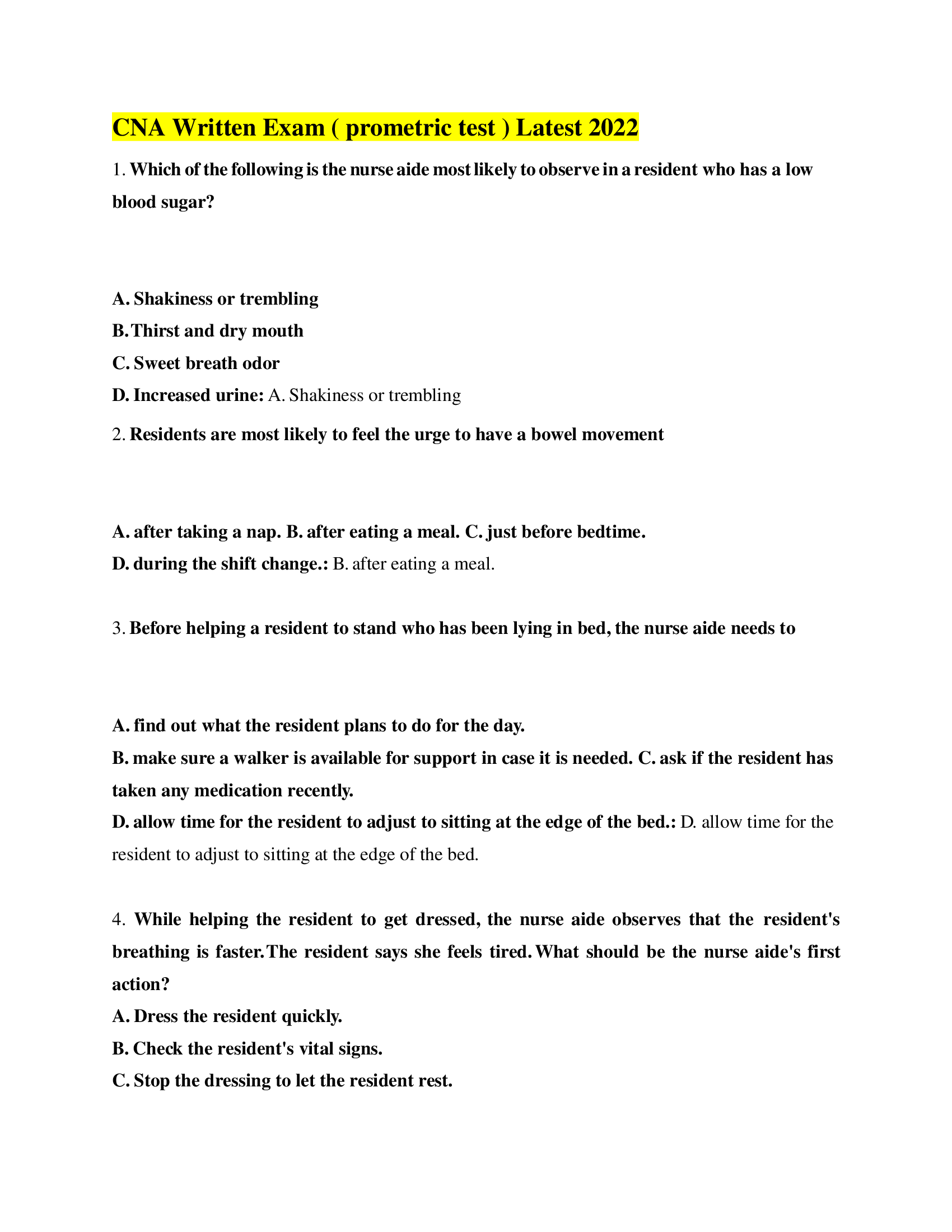 Prometric CNA Latest  Exam Answers 2022