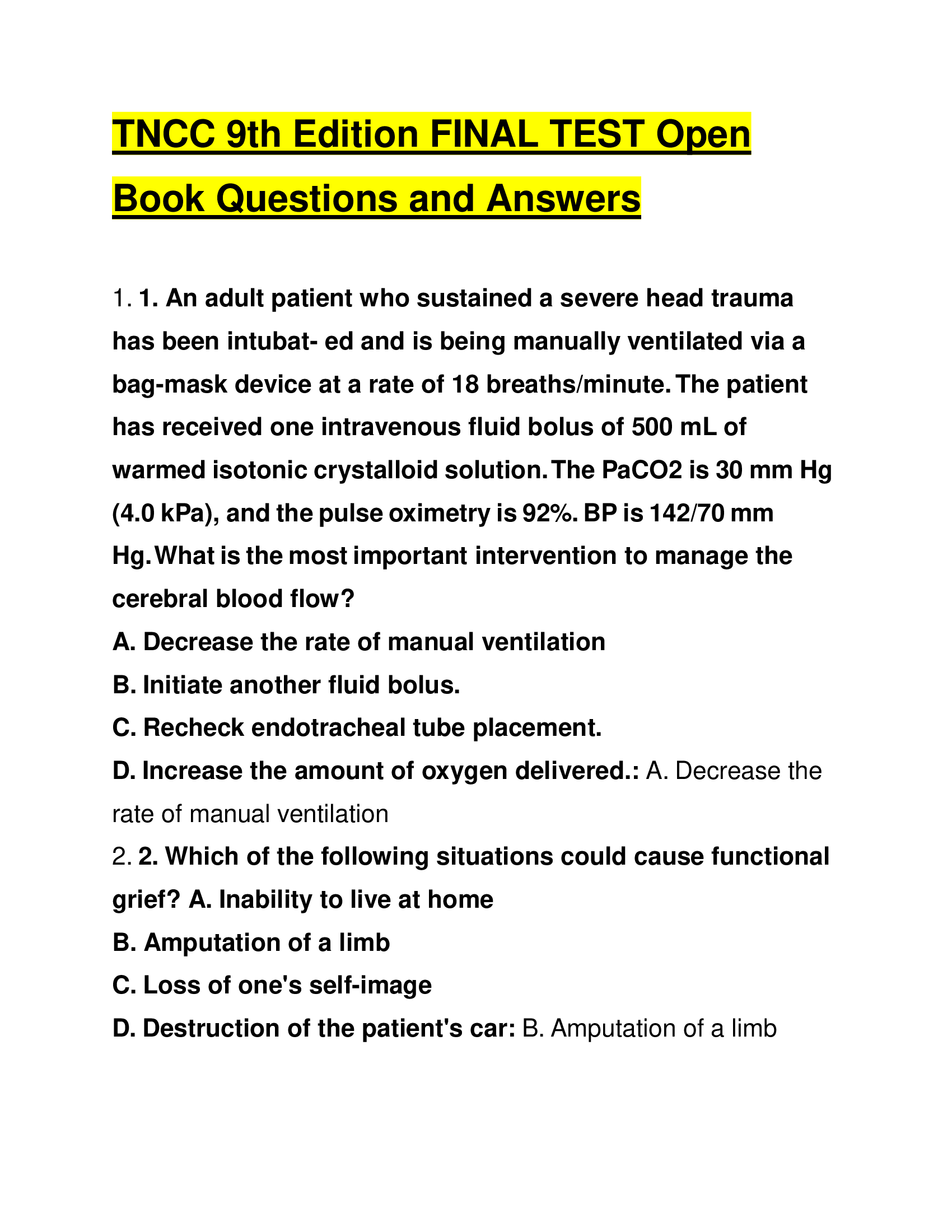 TNCC 9th Edition FINAL TEST Open Book Questions and Answers 2024