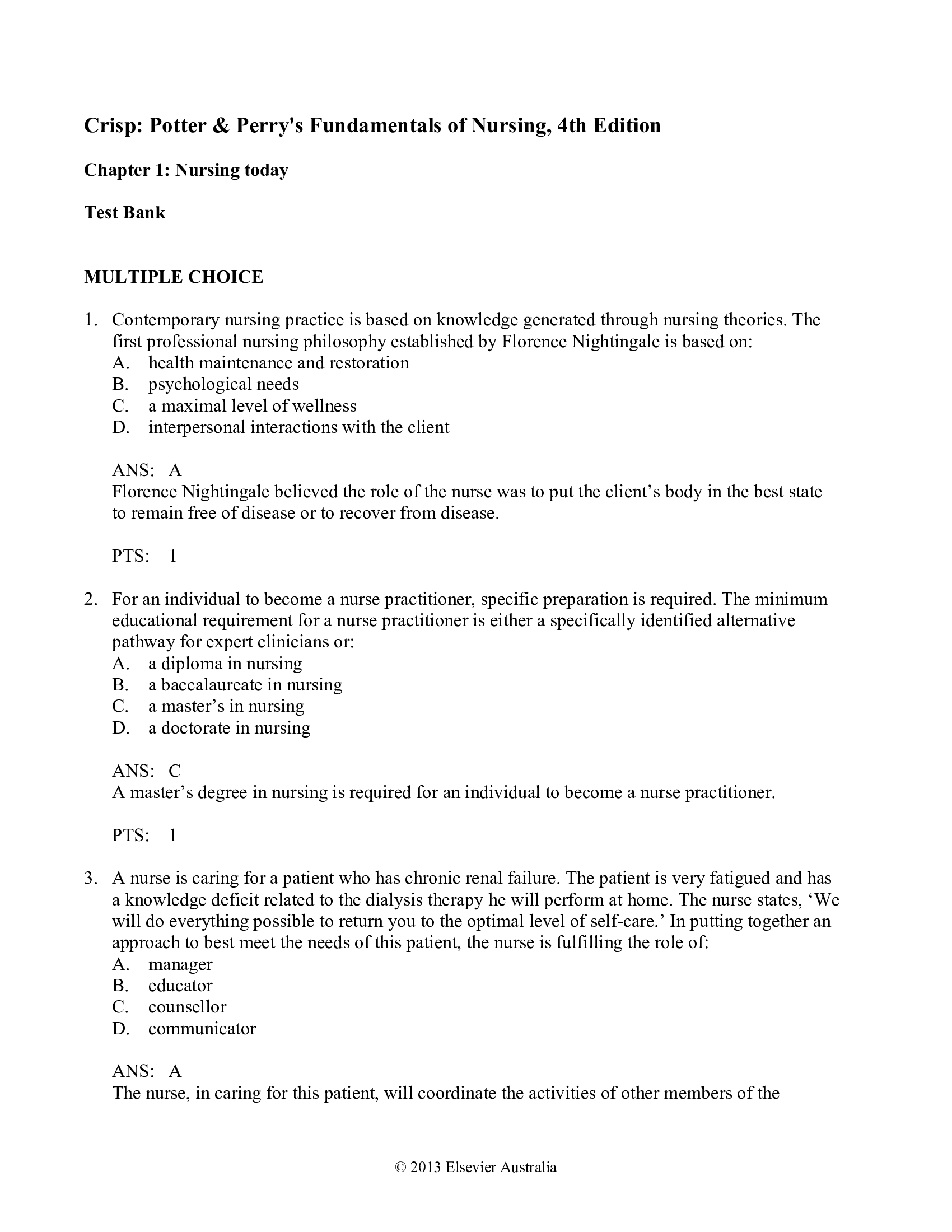 Test Bank for Potter and Perrys Fundamentals of Nursing 4th Australian Edition by Crisp