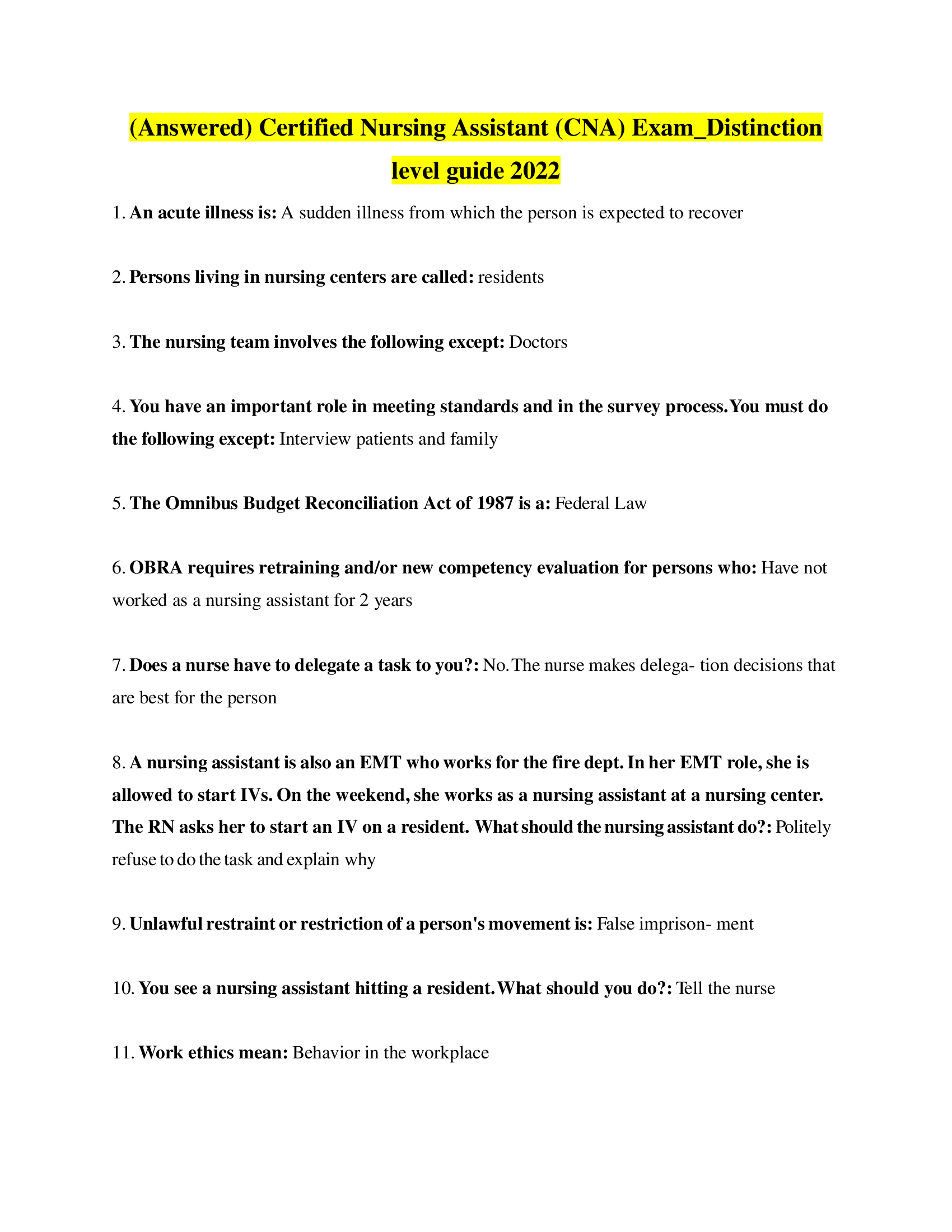 Certified Nursing Assistant (CNA) Exam_Distinction level guide 2022 (Answered)
