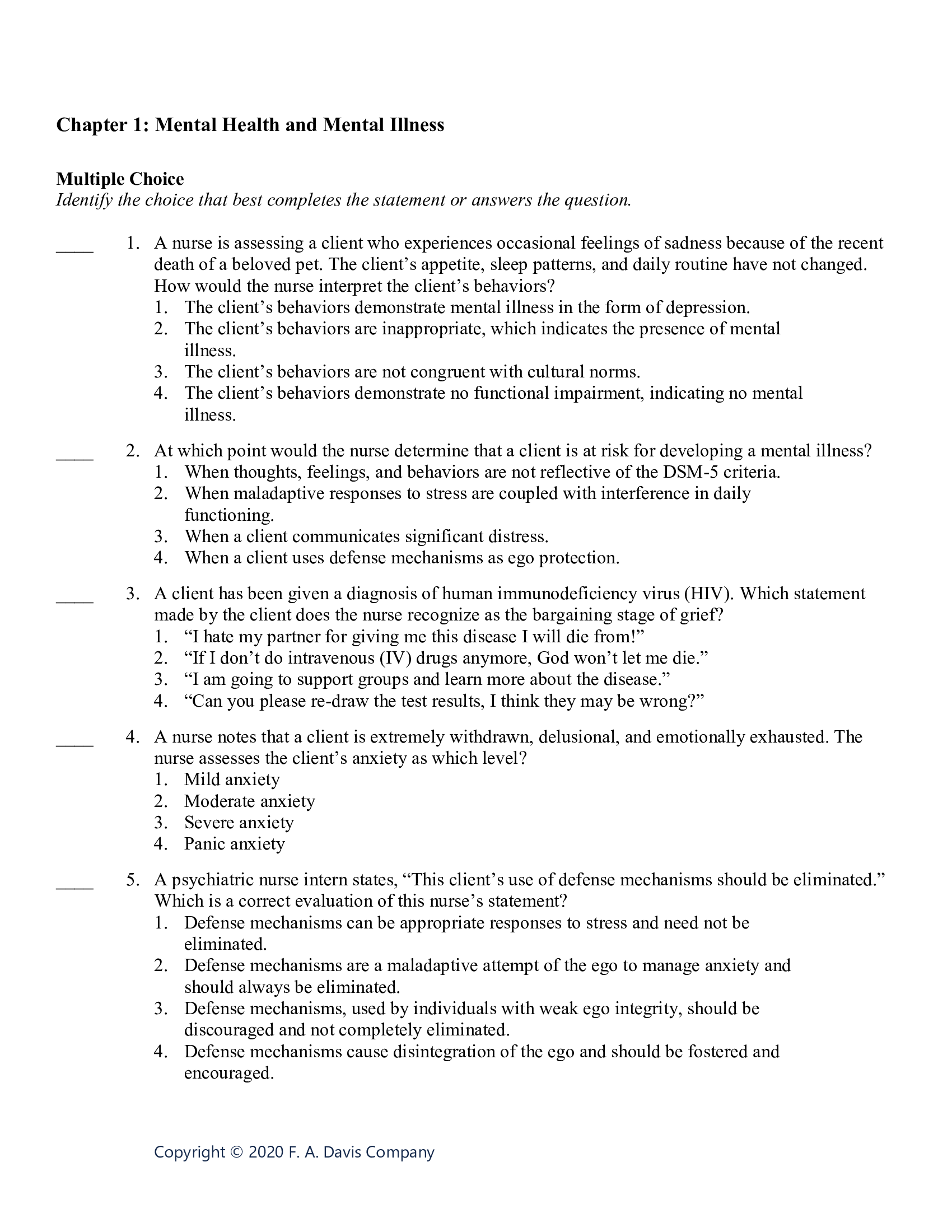 Test Bank for Essentials of Psychiatric Mental Health Nursing 8th Edition Morgan
