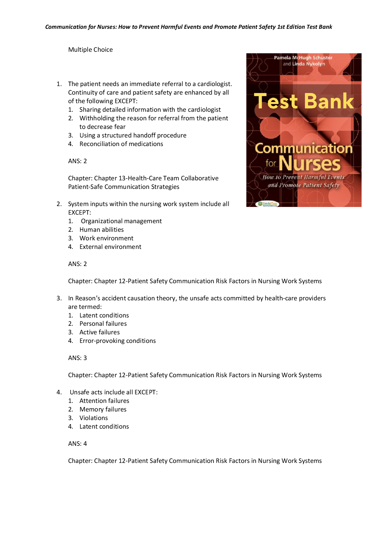 Test Bank For Communication for Nurses How to Prevent Harmful Events and Promote Patient Safety 1st Edition