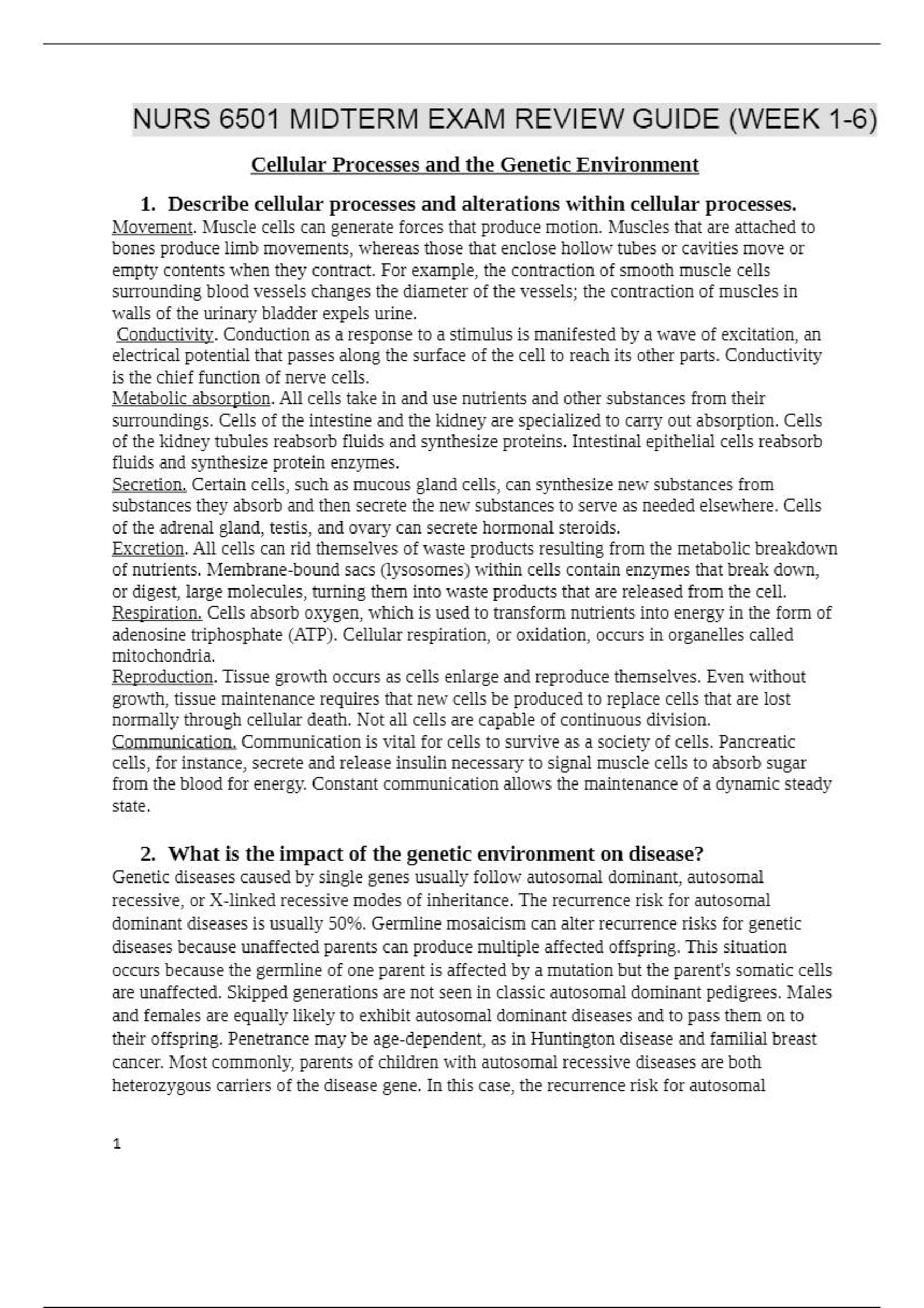 NURS6501 (Week 1-6) NURS 6501 Midterm Exam Study Guide (Latest 2022) Advanced Pathophysiology.