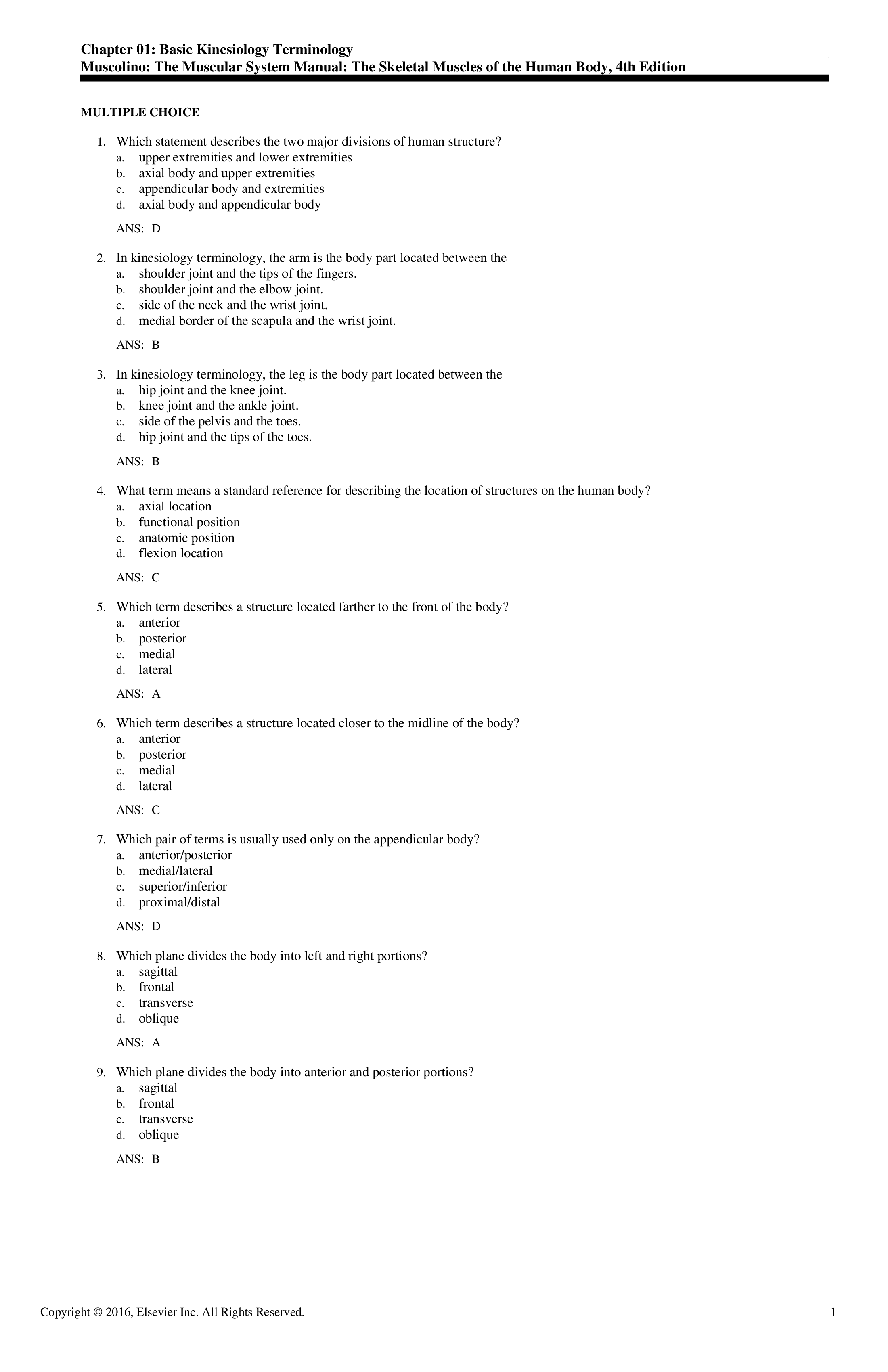 Test Bank for The Muscular System Manual 4th Edition by Muscolino