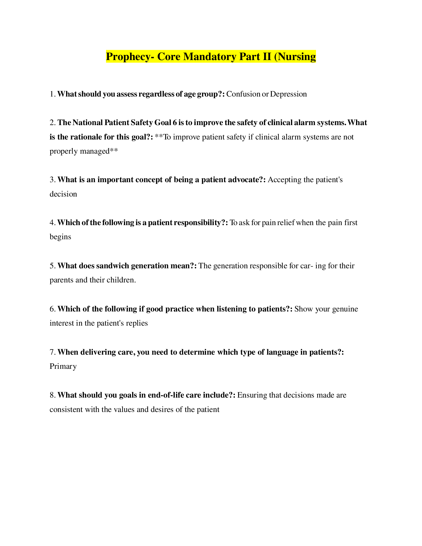 Joint Commission and OSHA (Prophecy) Core Mandatories Part II, Nursing (Answer Key)