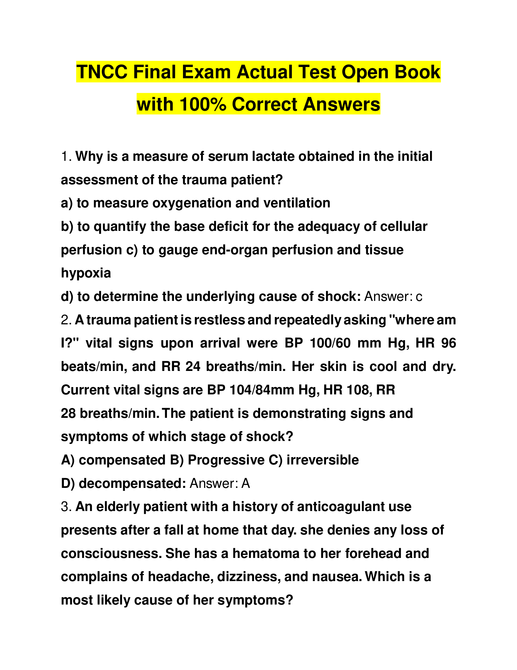 TNCC Final Exam Actual Test Open Book with 100% Correct Answers 2025/2026