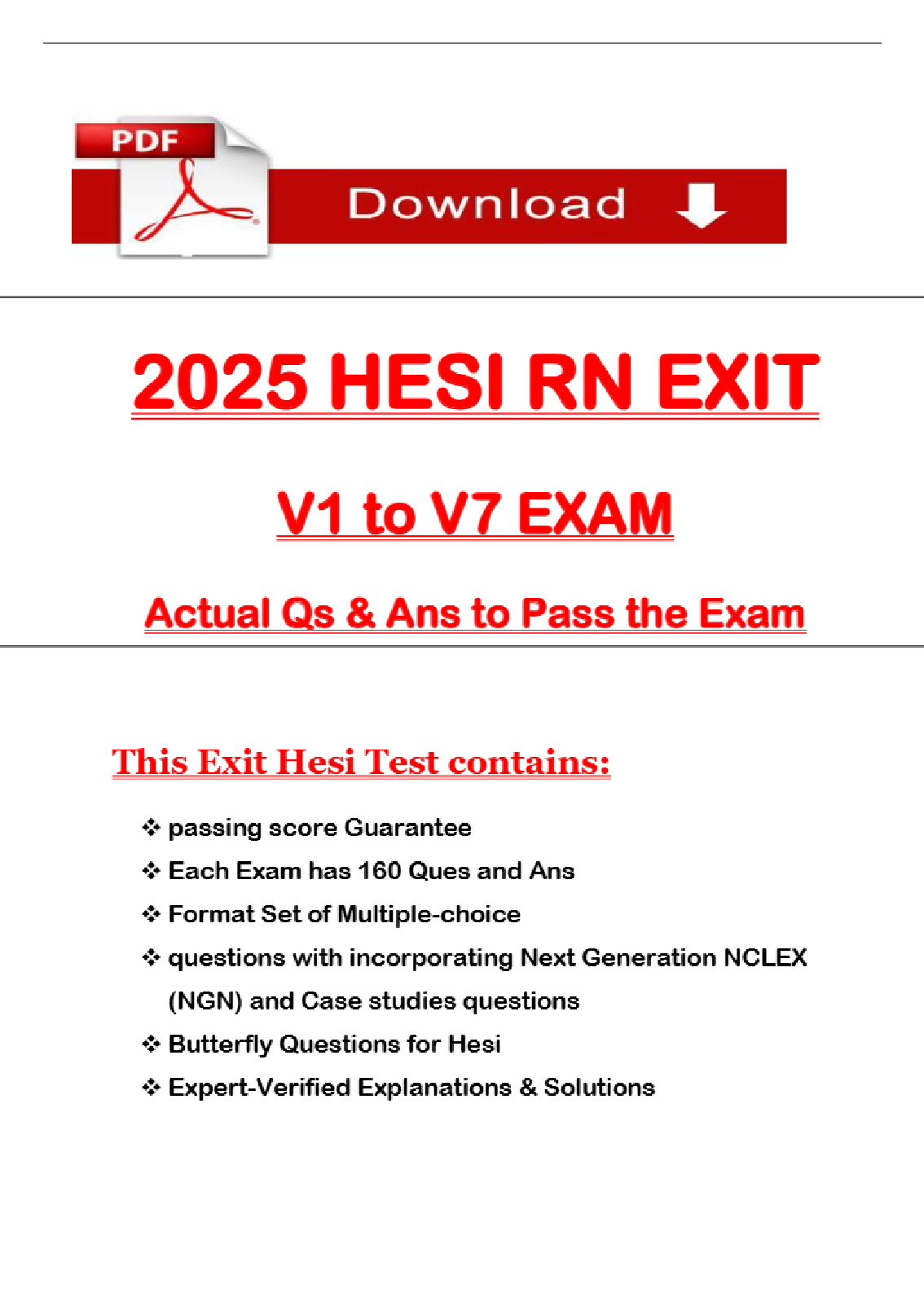 2026 HESI RN Exit Exam (V1 - V7) Actual Qs & Ans to Pass the Exam, 100% Verified - PDF