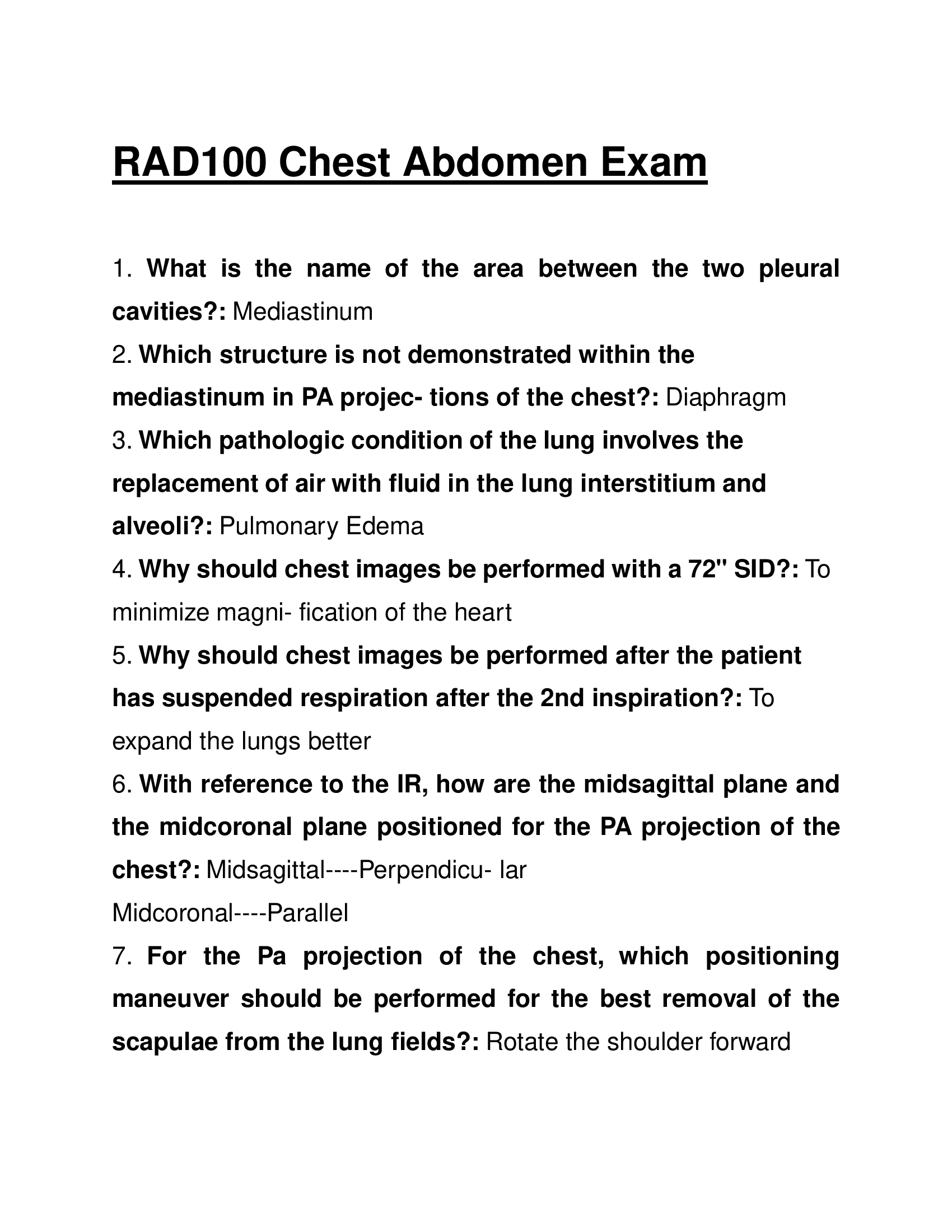 RAD100 Chest Abdomen Review Questions and Answers 2024