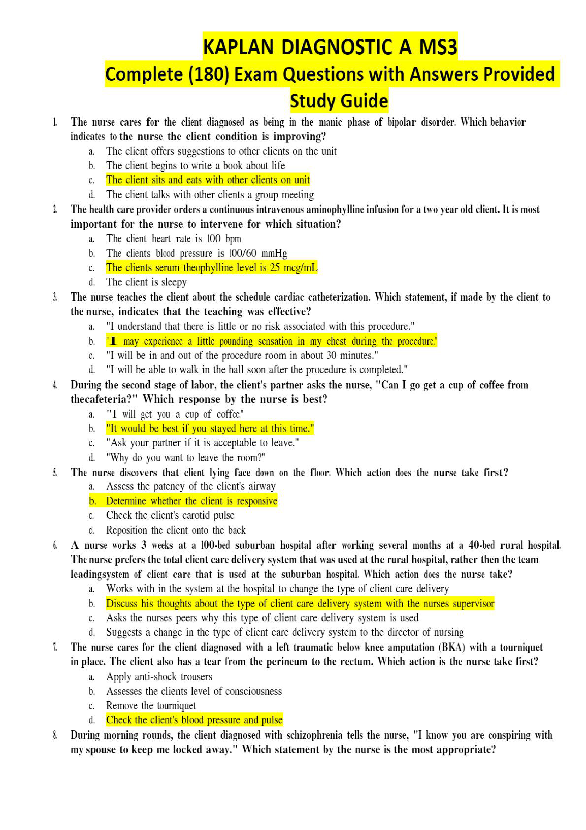 NURS 4120 KAPLAN DIAGNOSTIC A MS3 STUDY GUIDE