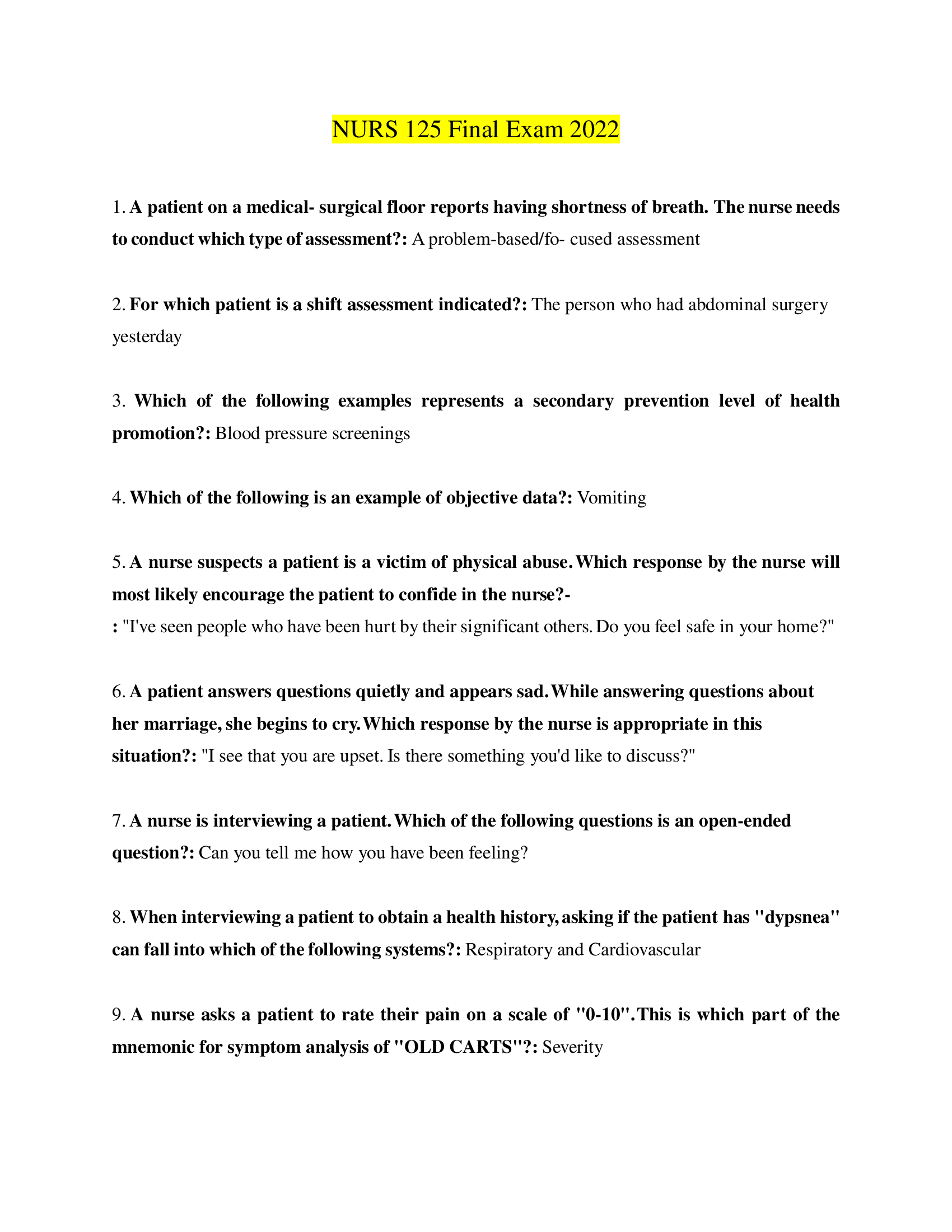 NURS 125 Final Exam 2022