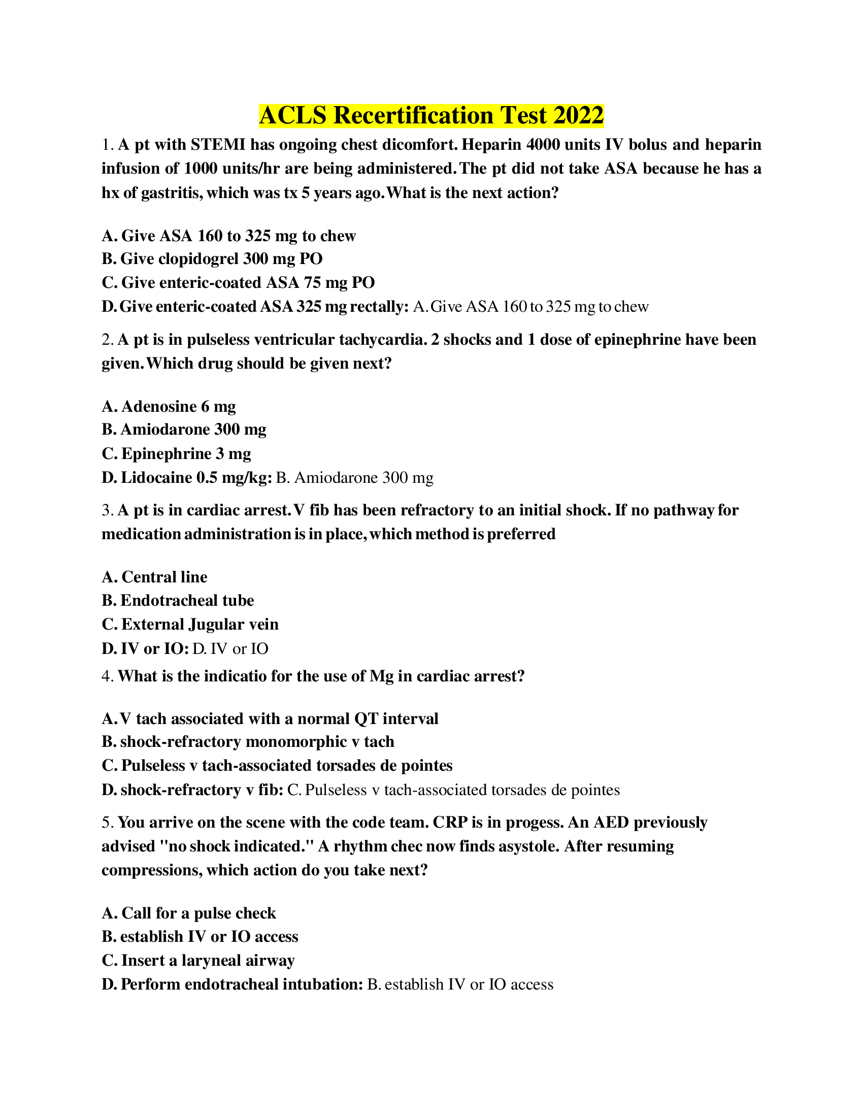 ACLS Recertification Test 2022