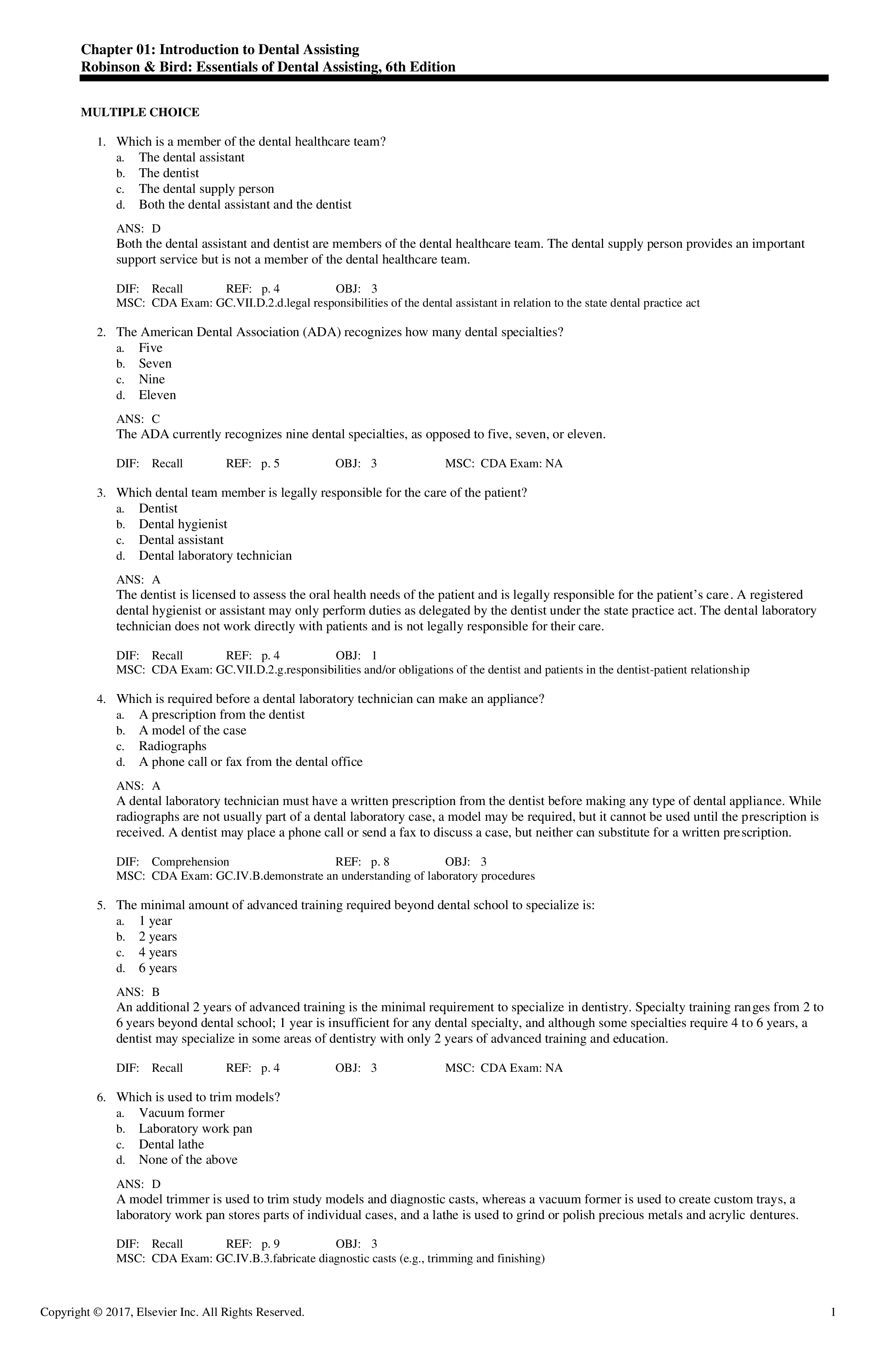 Test Bank for Essentials of Dental Assisting 6th Edition by Robinson