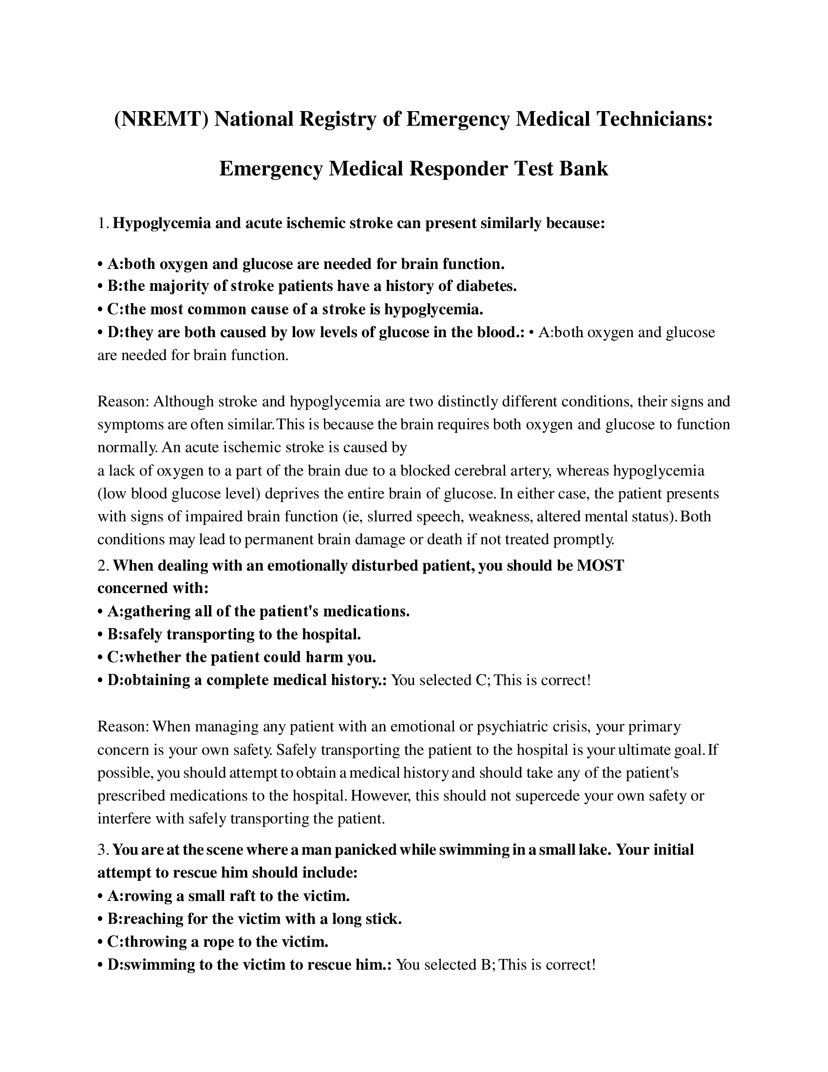 (NREMT) National Registry of Emergency Medical Technicians, Emergency Medical Responder Test Bank