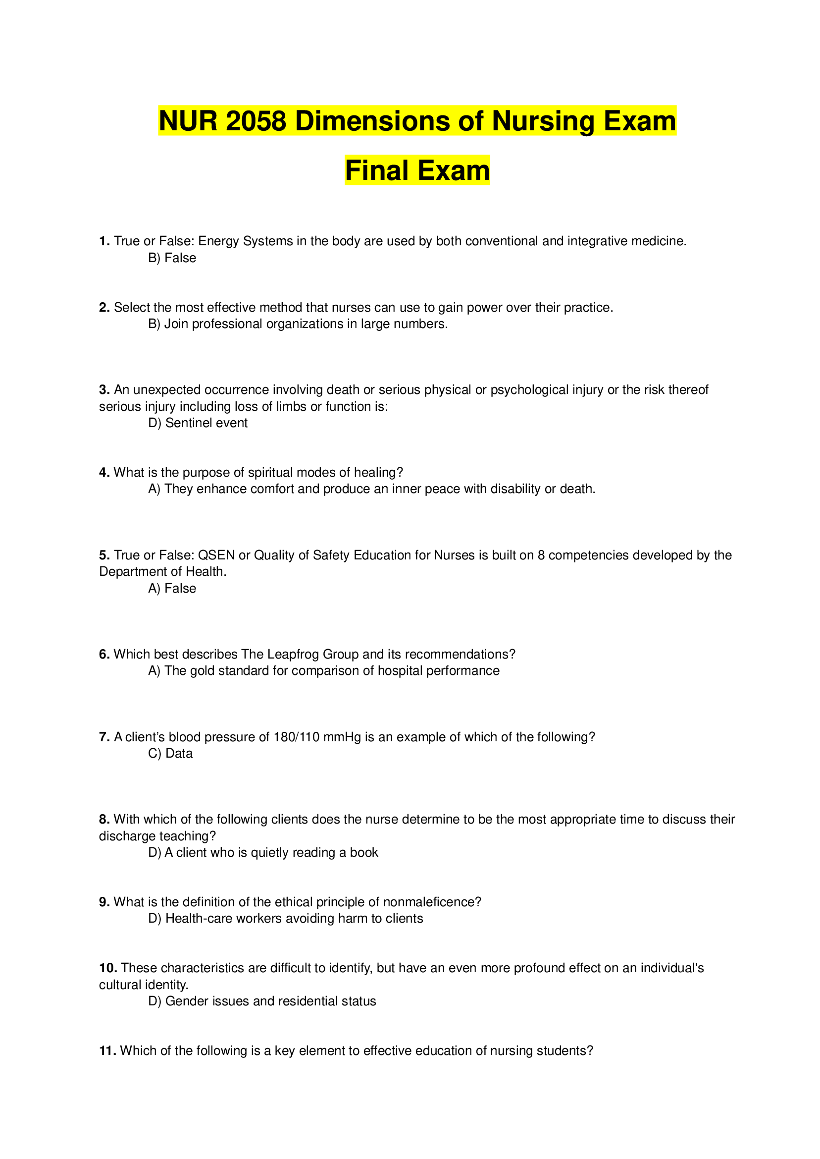NUR 2058 Dimensions of NursingFinal Exam (Answered)