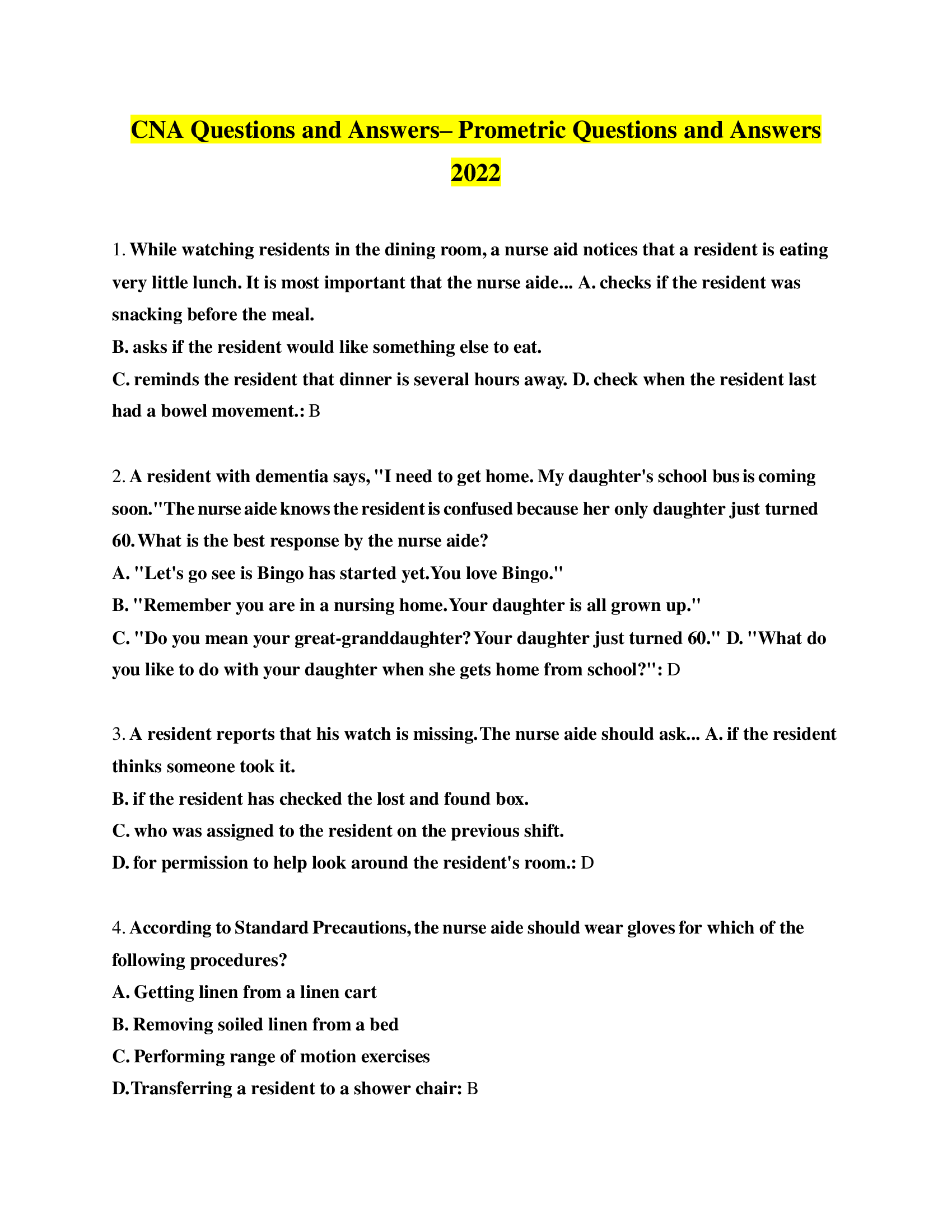 CNA Questions and Answers– Prometric Questions and Answers 2022