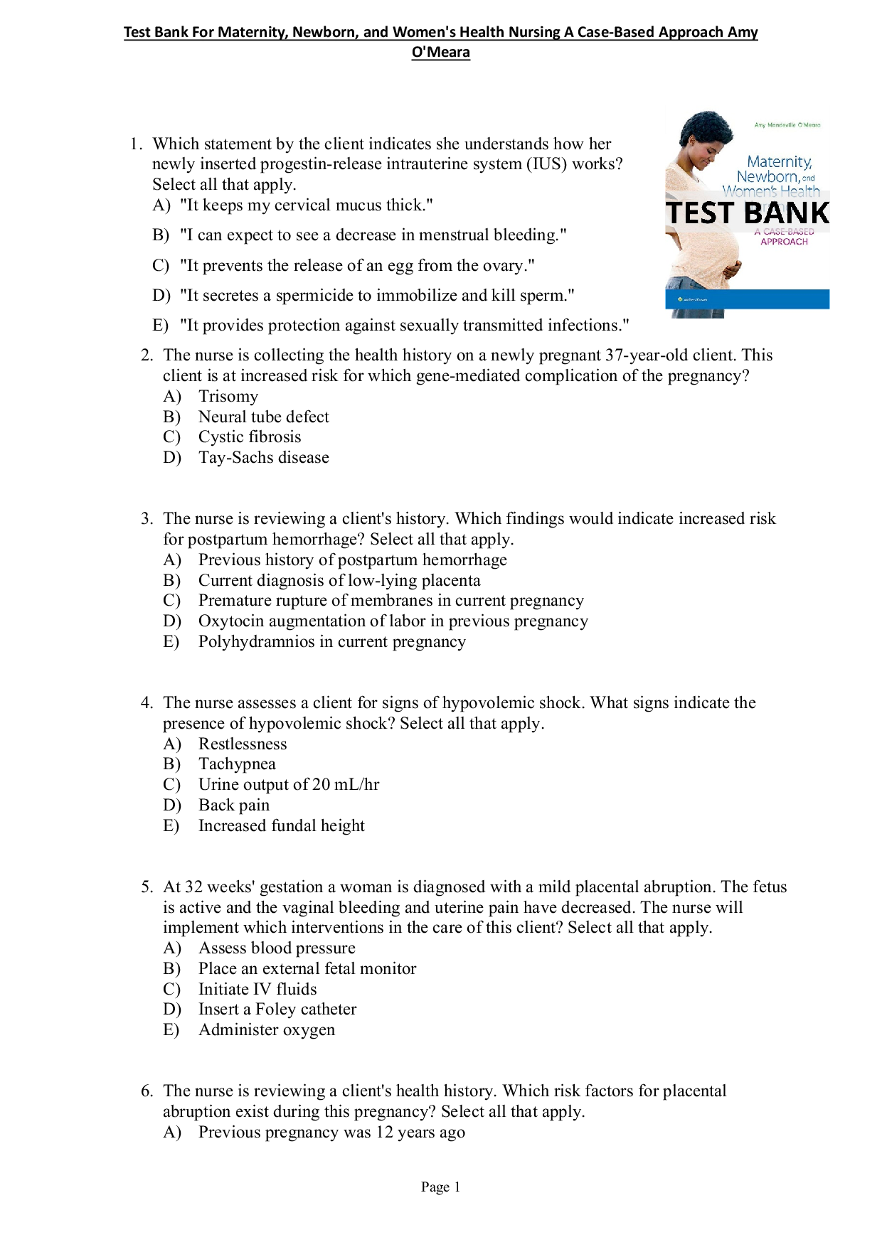 Test Bank for Maternity Newborn And Women’s Health Nursing A Case-Based Approach 1st Edition O’Meara