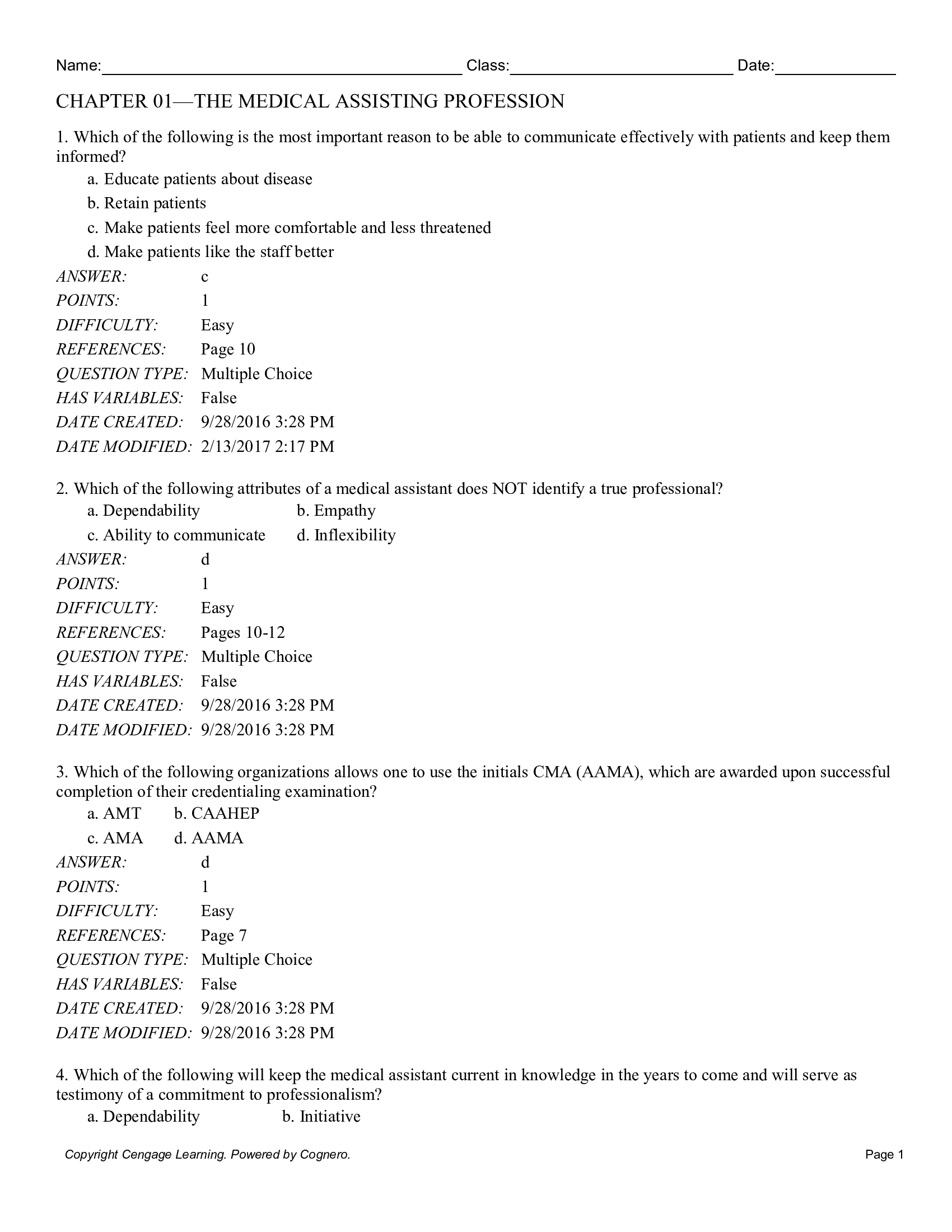 Test Bank for Administrative Medical Assisting 6th Edition by Lindh