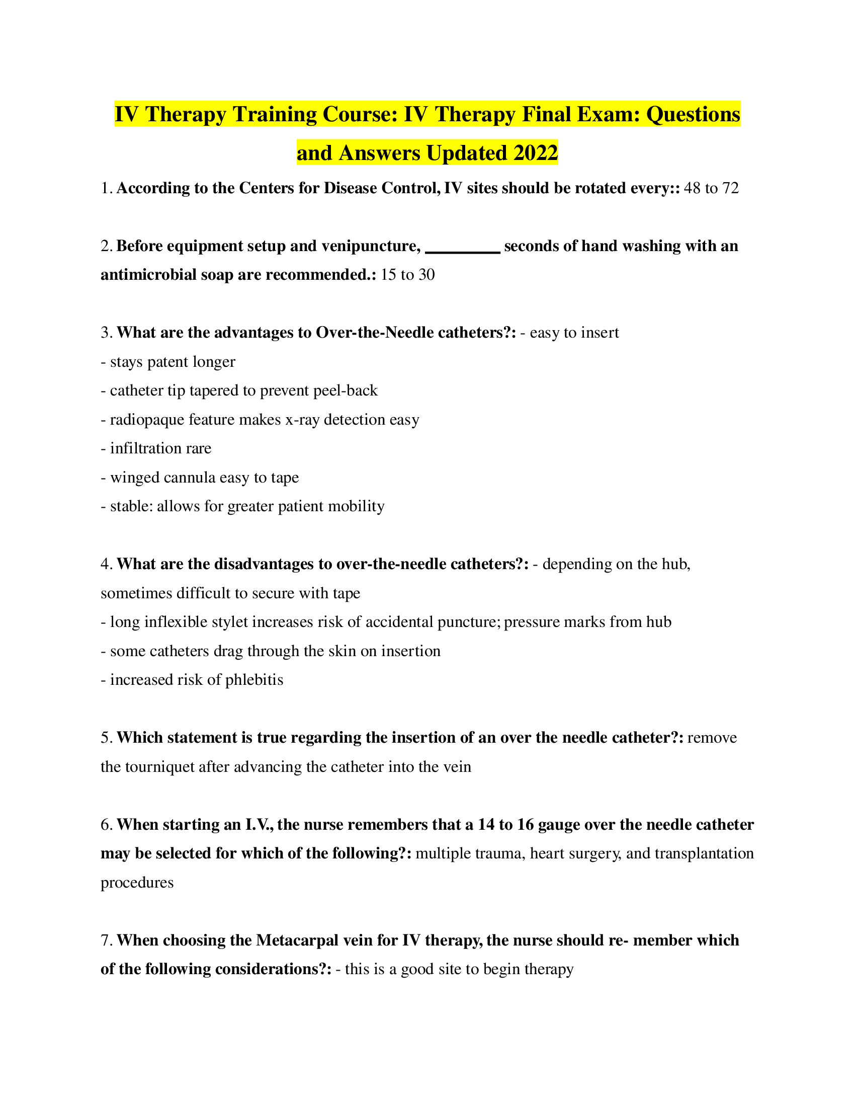IV Therapy Final Exam: Questions and Answers Updated 2022