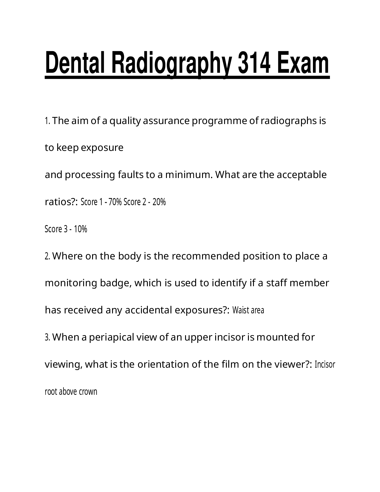 Dental Radiography 314 Exam Questions and Answers