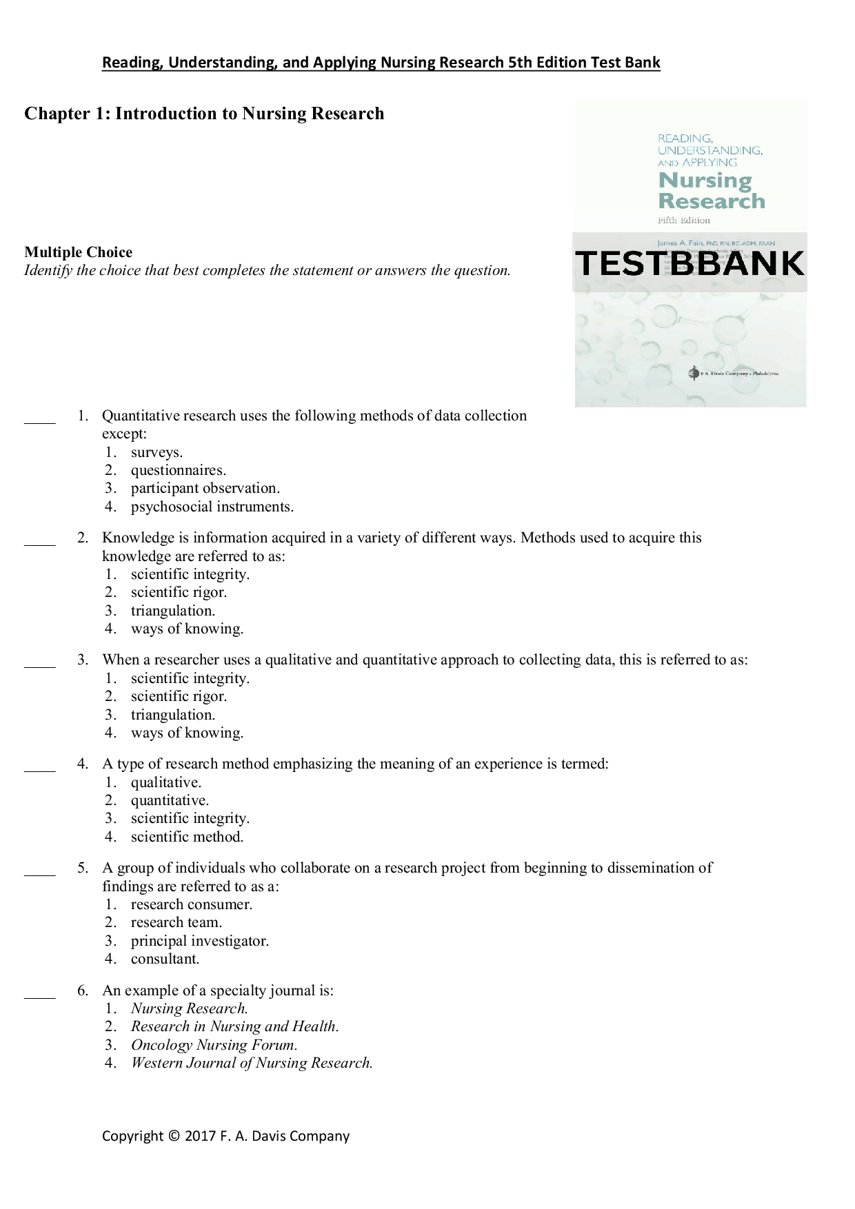 Test Bank For Reading Understanding and Applying Nursing Research 5th Edition by James A. Fain