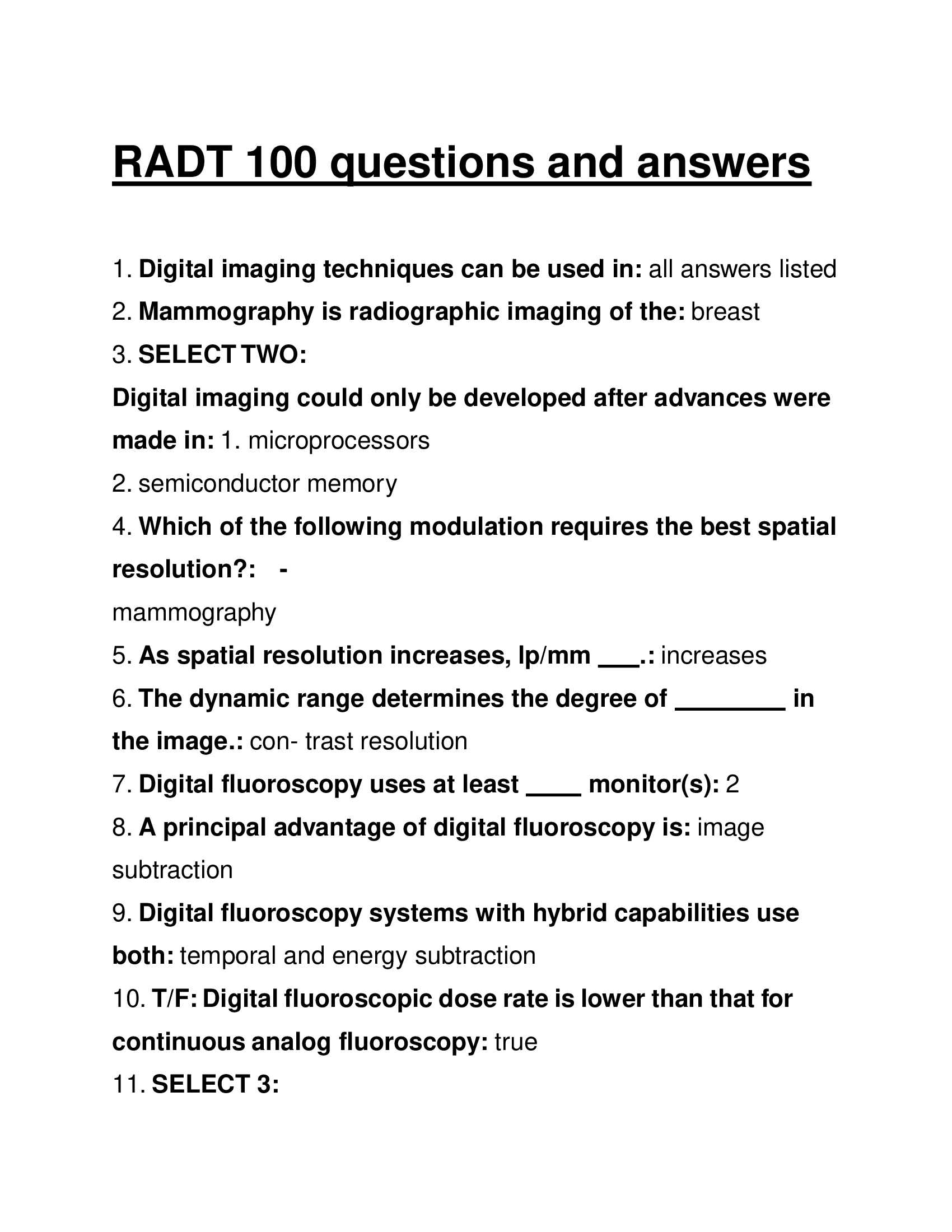 Comprehensive RADT 100 Questions and Answers: Ace Your Radiologic Technology Exams