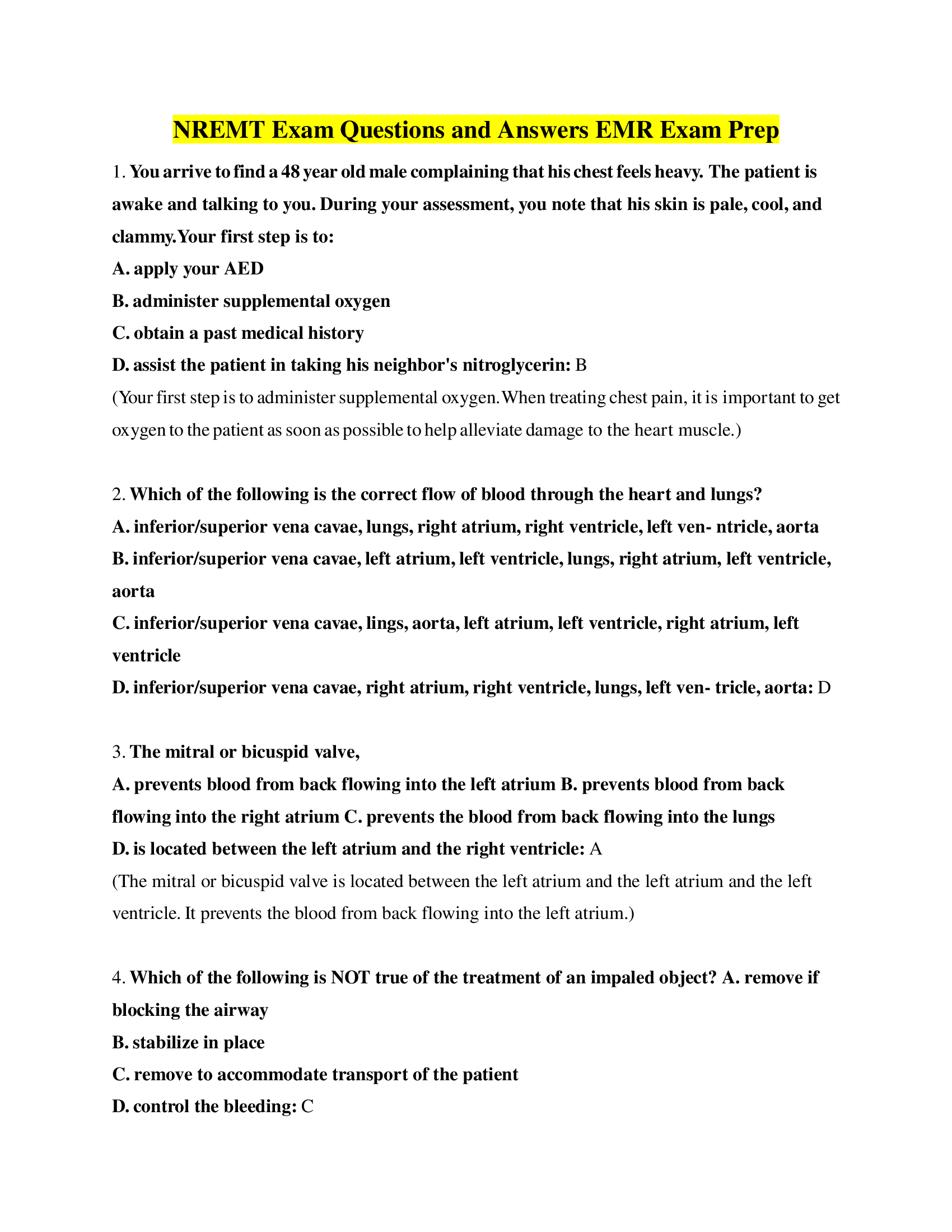 NREMT Exam Questions and Answers EMR Exam Prep 2022