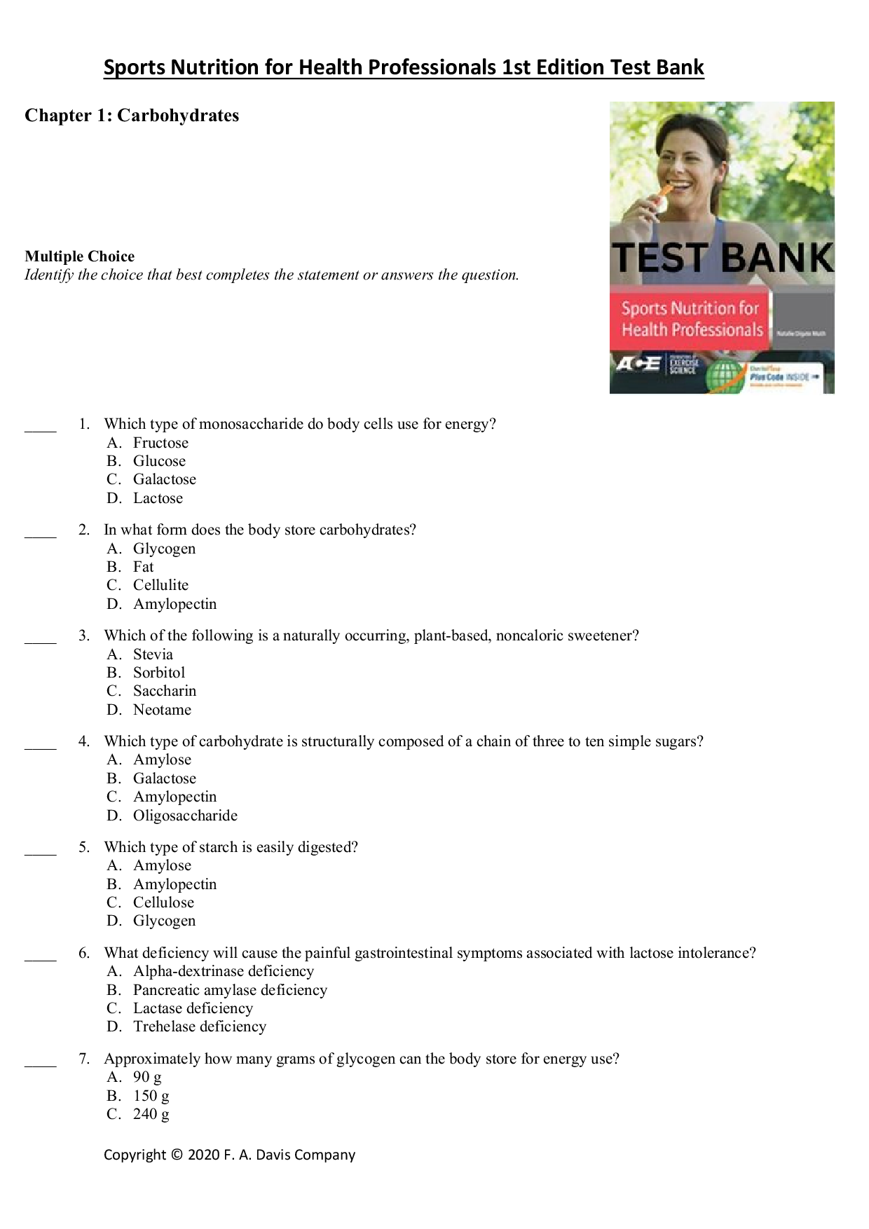 Test Bank For Sports Nutrition for Health Professionals 1st Edition by Natalie Digate