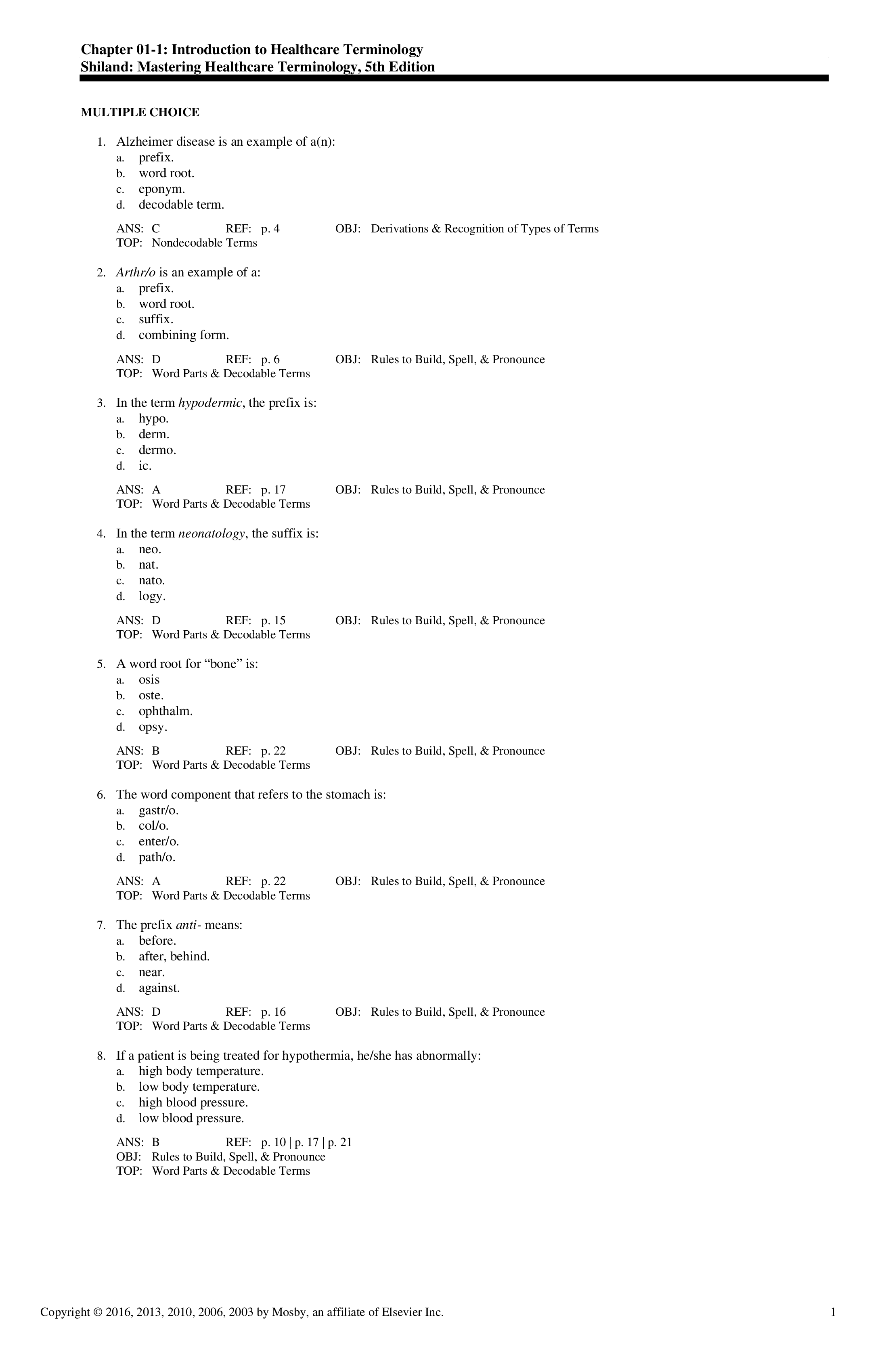 Test Bank for Mastering Healthcare Terminology 5th Edition by Shiland..