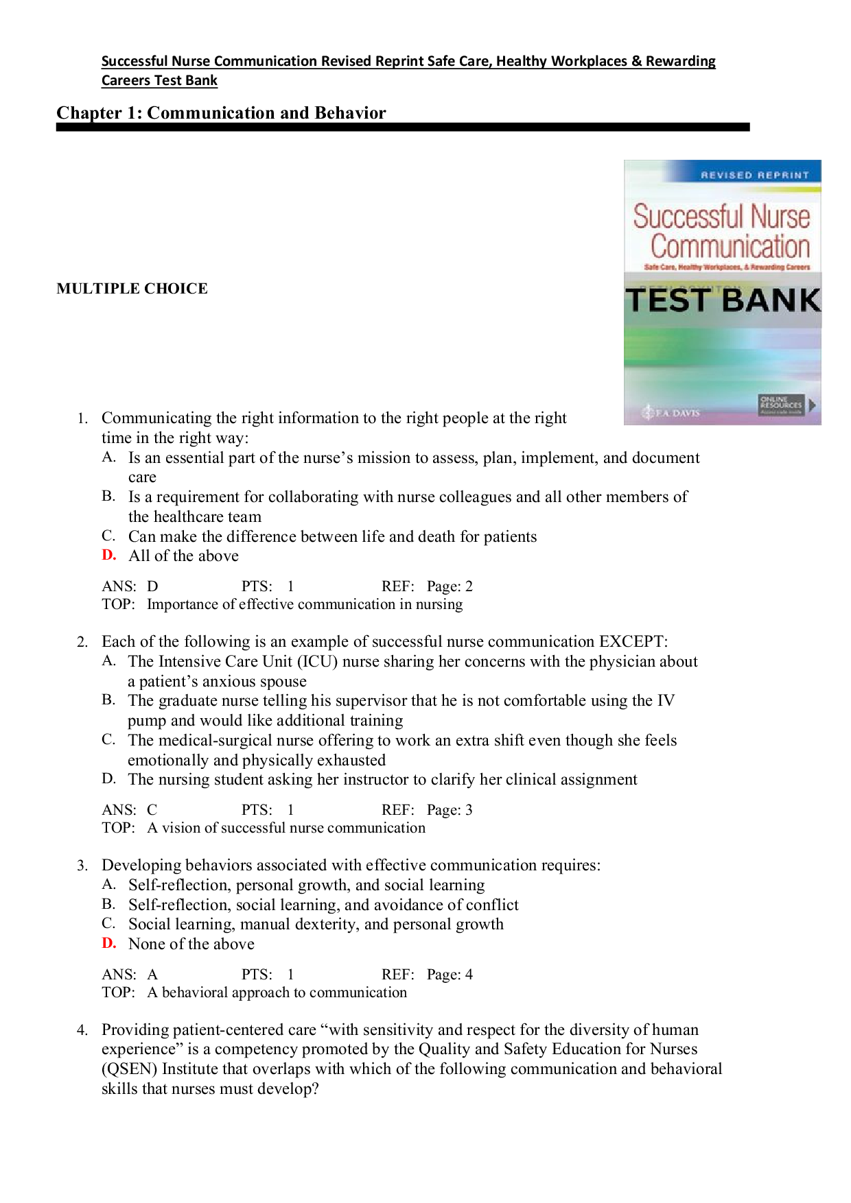 Test Bank For Successful Nurse Communication Revised Reprint Safe Care Healthy Workplaces & Rewarding Careers by Beth Boynton