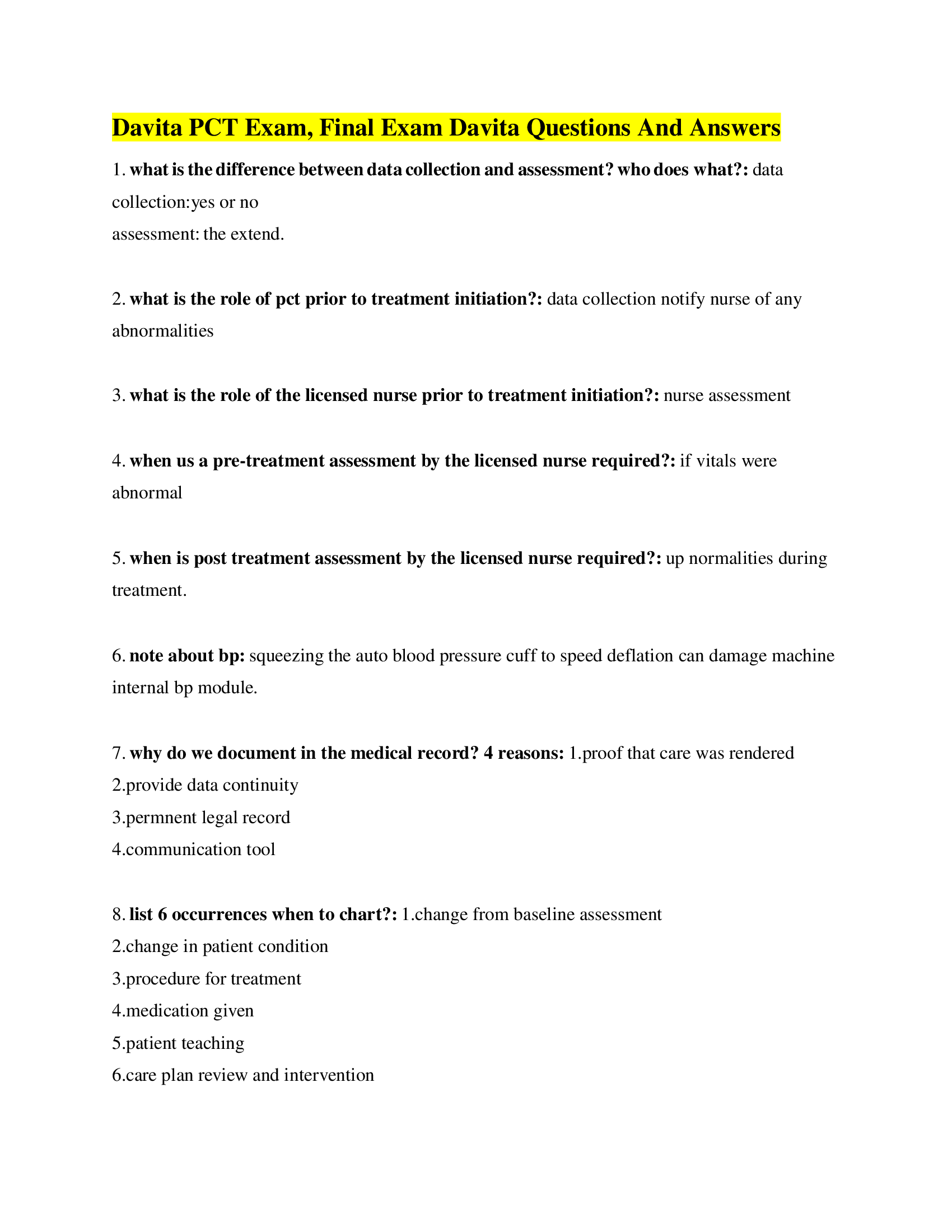 Davita PCT Exam, Final Exam Davita Questions And Answers