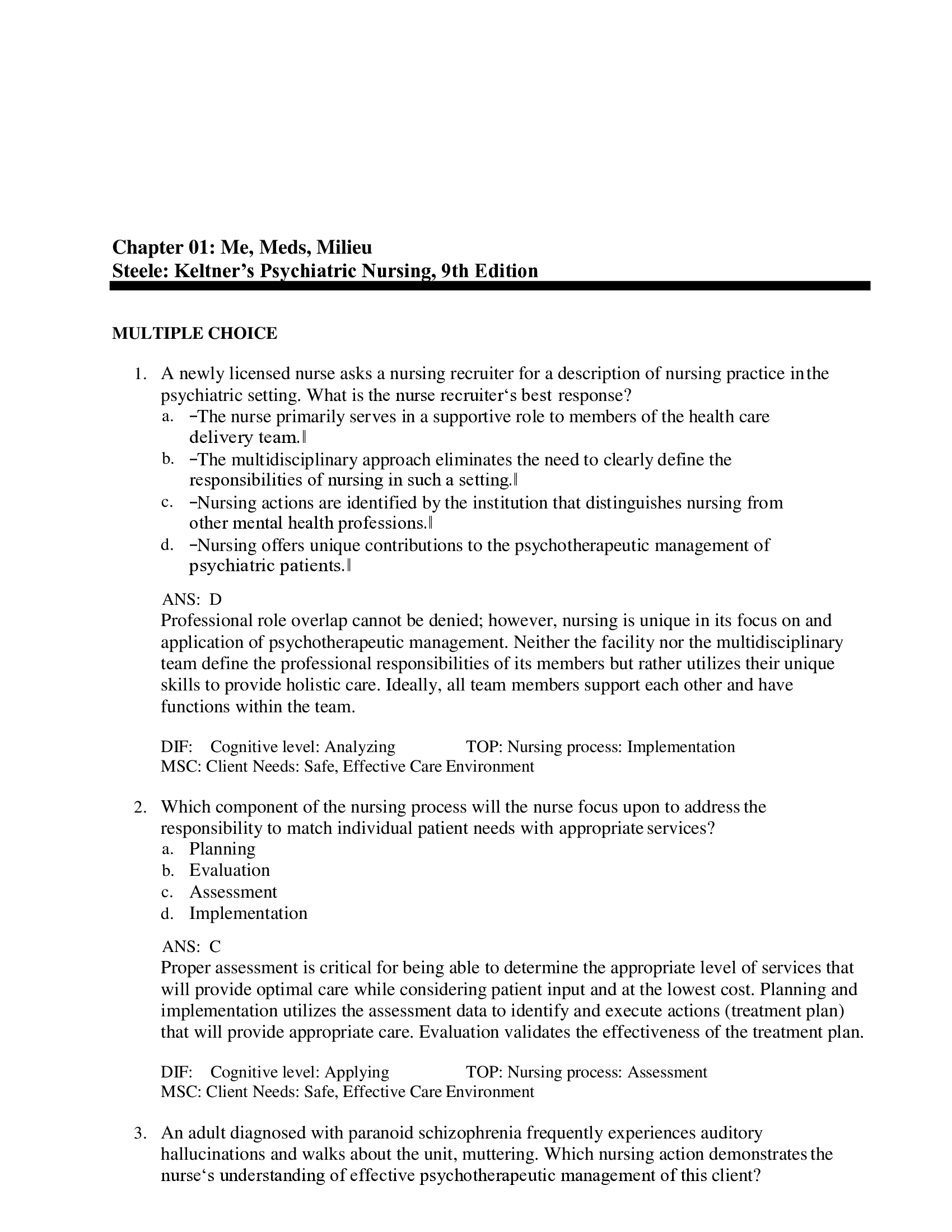 Test Bank for Psychiatric Nursing 8th Ed by Keltner