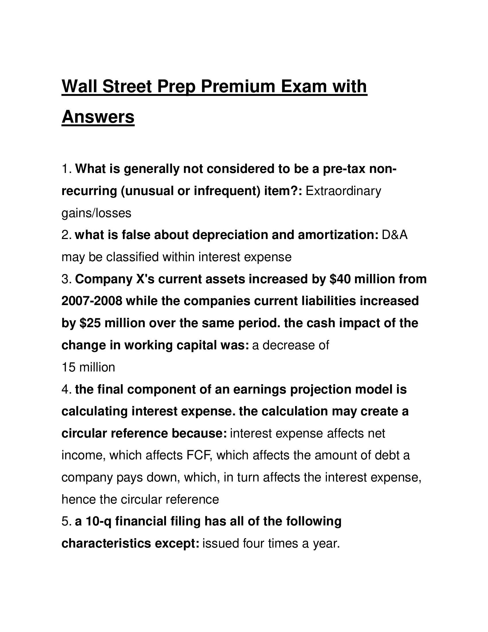 Wall Street Prep Premium Exam with Answers (Actual Exam Questions)