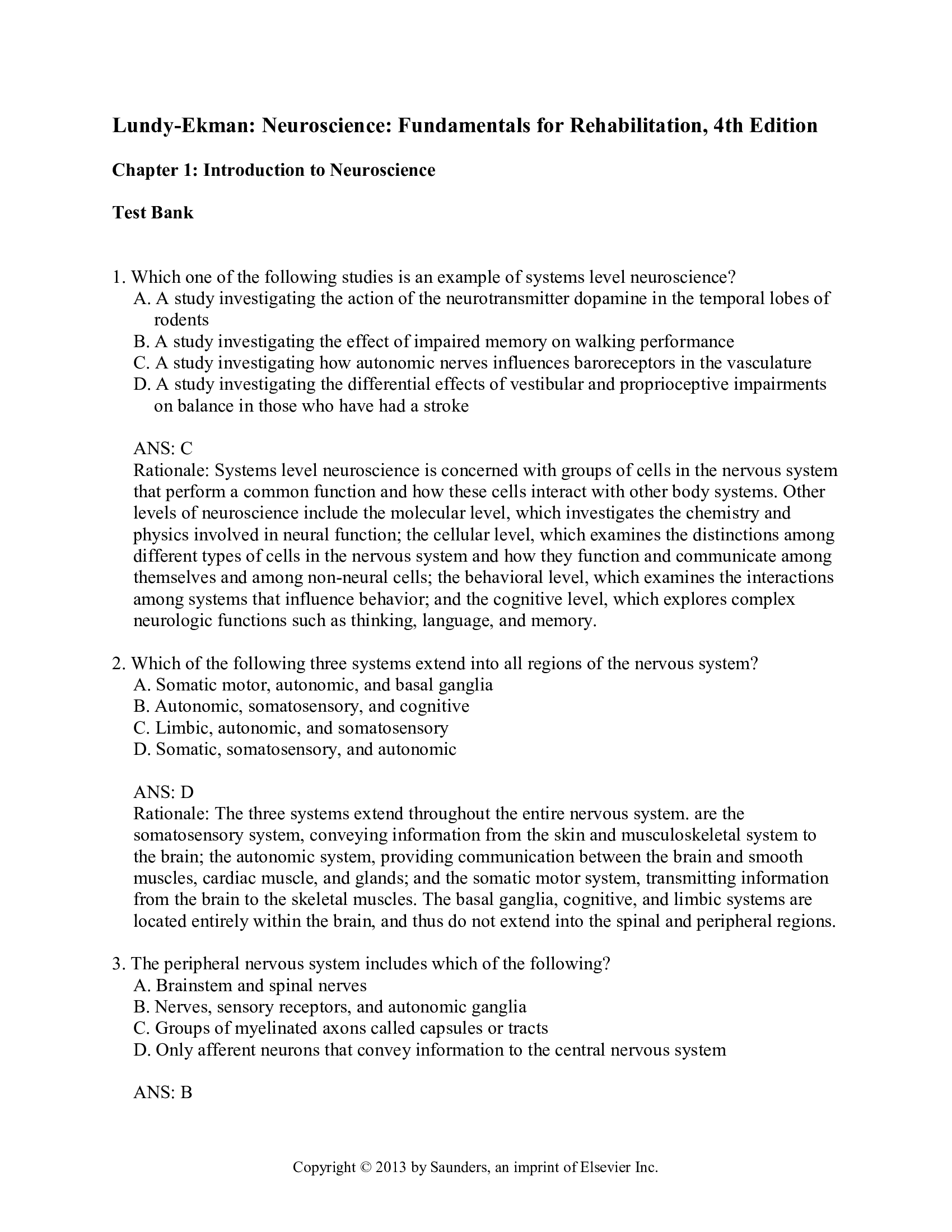 Test Bank for Neuroscience Fundamentals for Rehabilitation 4th Edition by Lundy Ekman