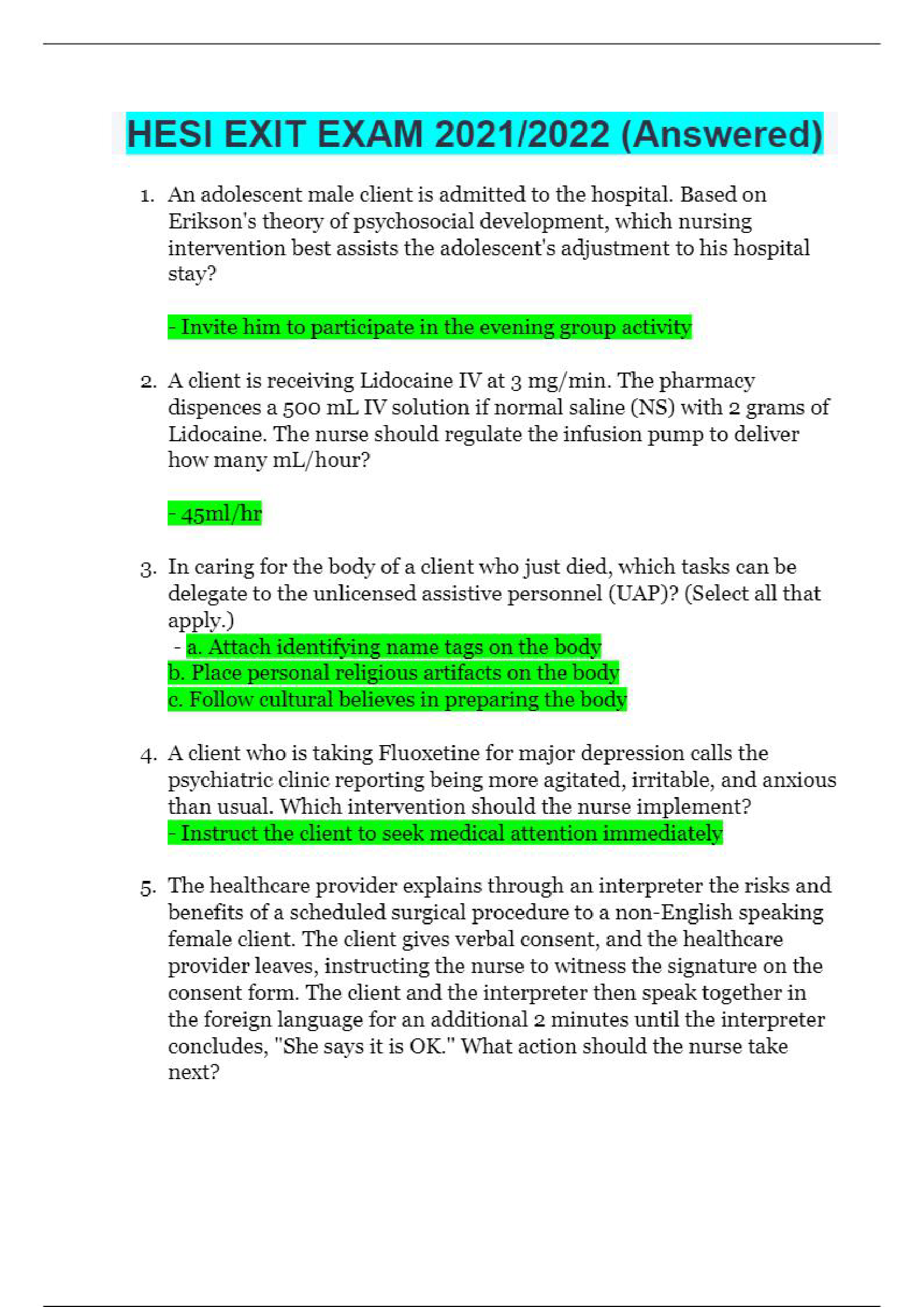 (Solved Solution help) HESI EXIT EXAM 2021, 2022 (Answered)