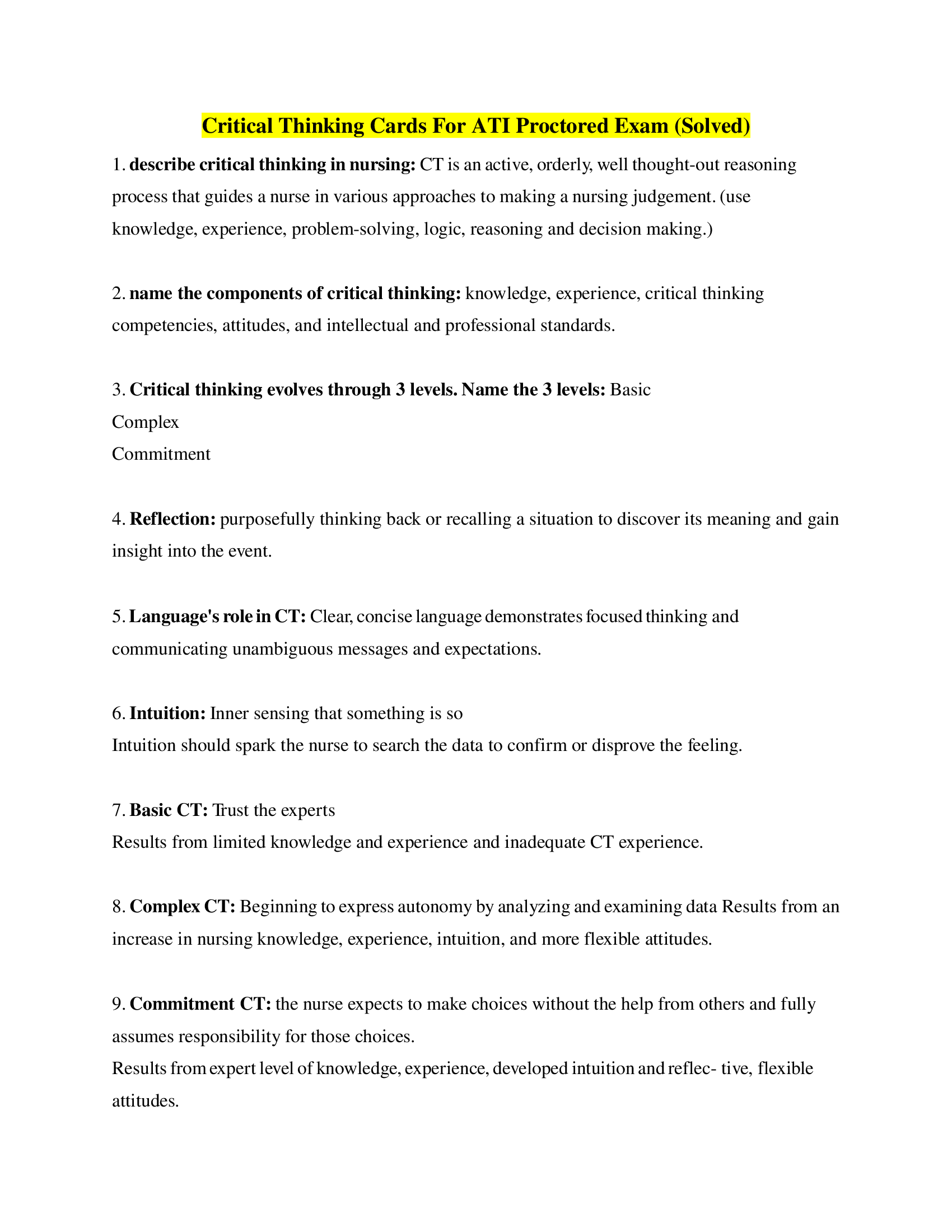 Critical Thinking Cards For ATI Proctored Exam (Solved)
