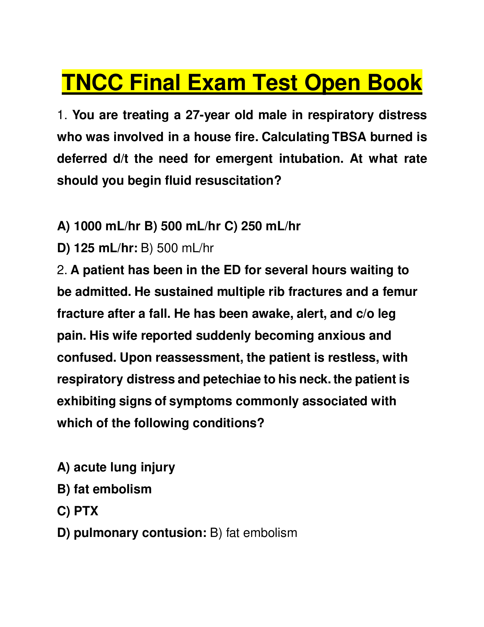 TNCC final exam test 2022 open book Questions and Answers