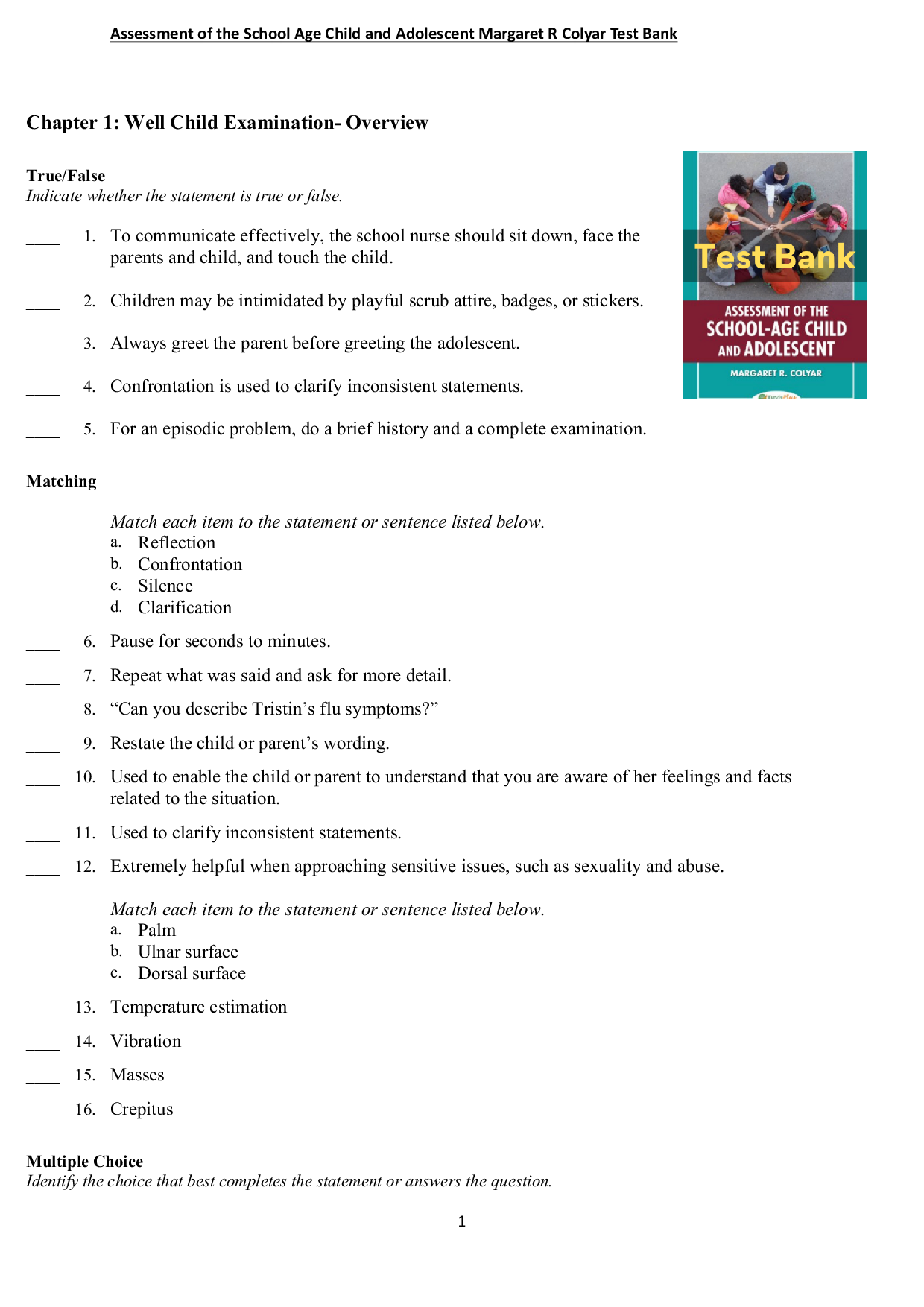 Test Bank For Assessment of the School Age Child and Adolescent Margaret R Colyar | All Chapters