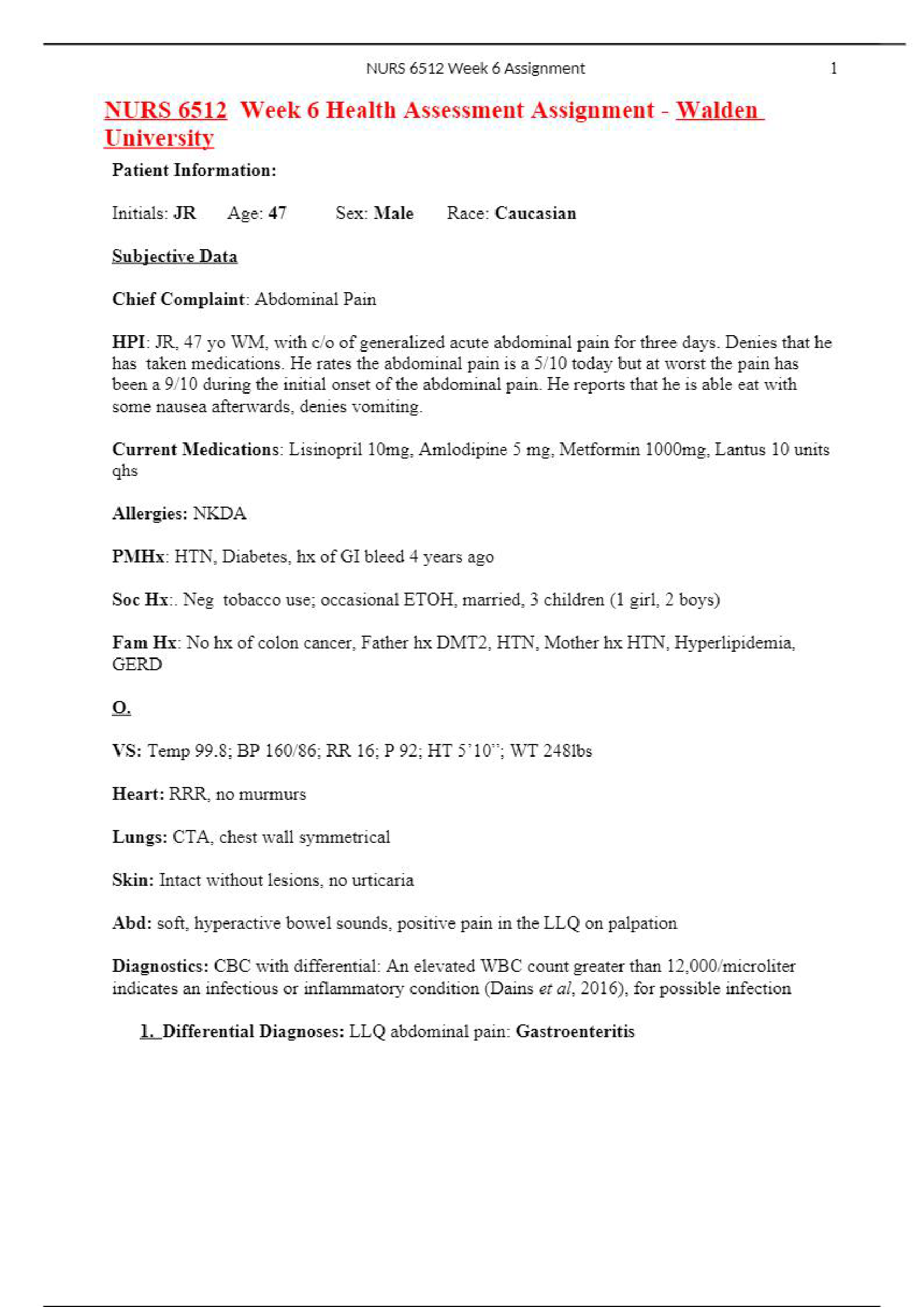 NURS 6512 Week 6 Health Assessment Assignment - Walden University