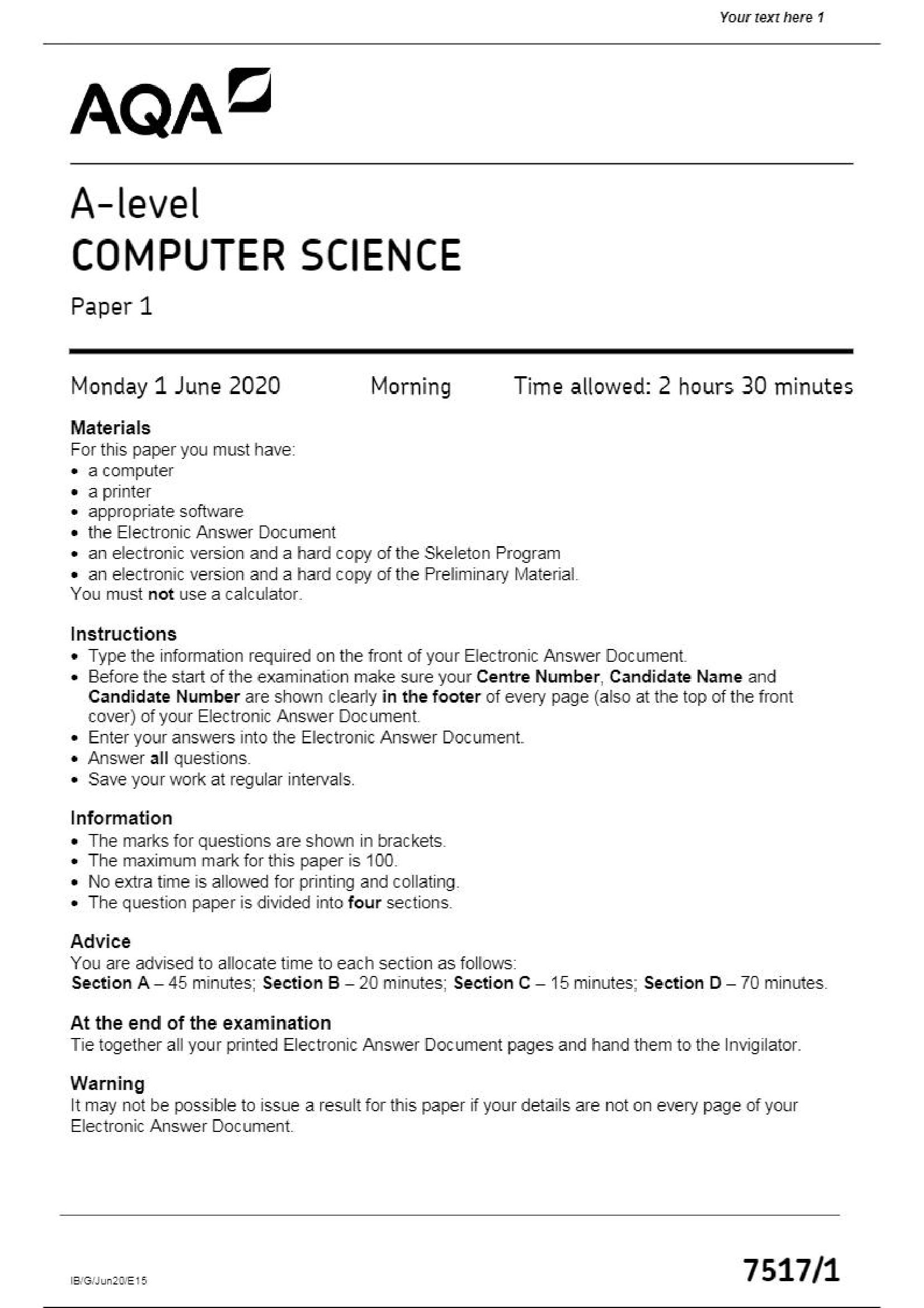 AQA A-level COMPUTER SCIENCE Paper 1 June 2020