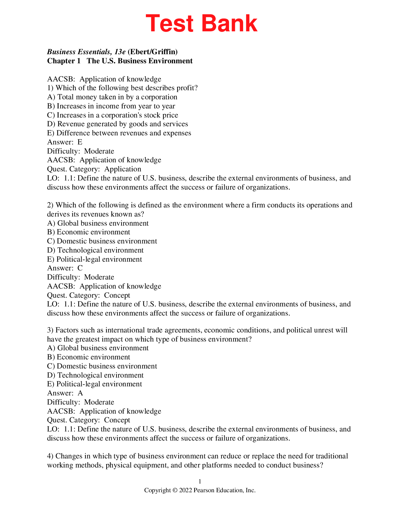 Test Bank Business Essentials 13th Edition By Ronald Ebert, Ricky Griffi Chapters 1-17