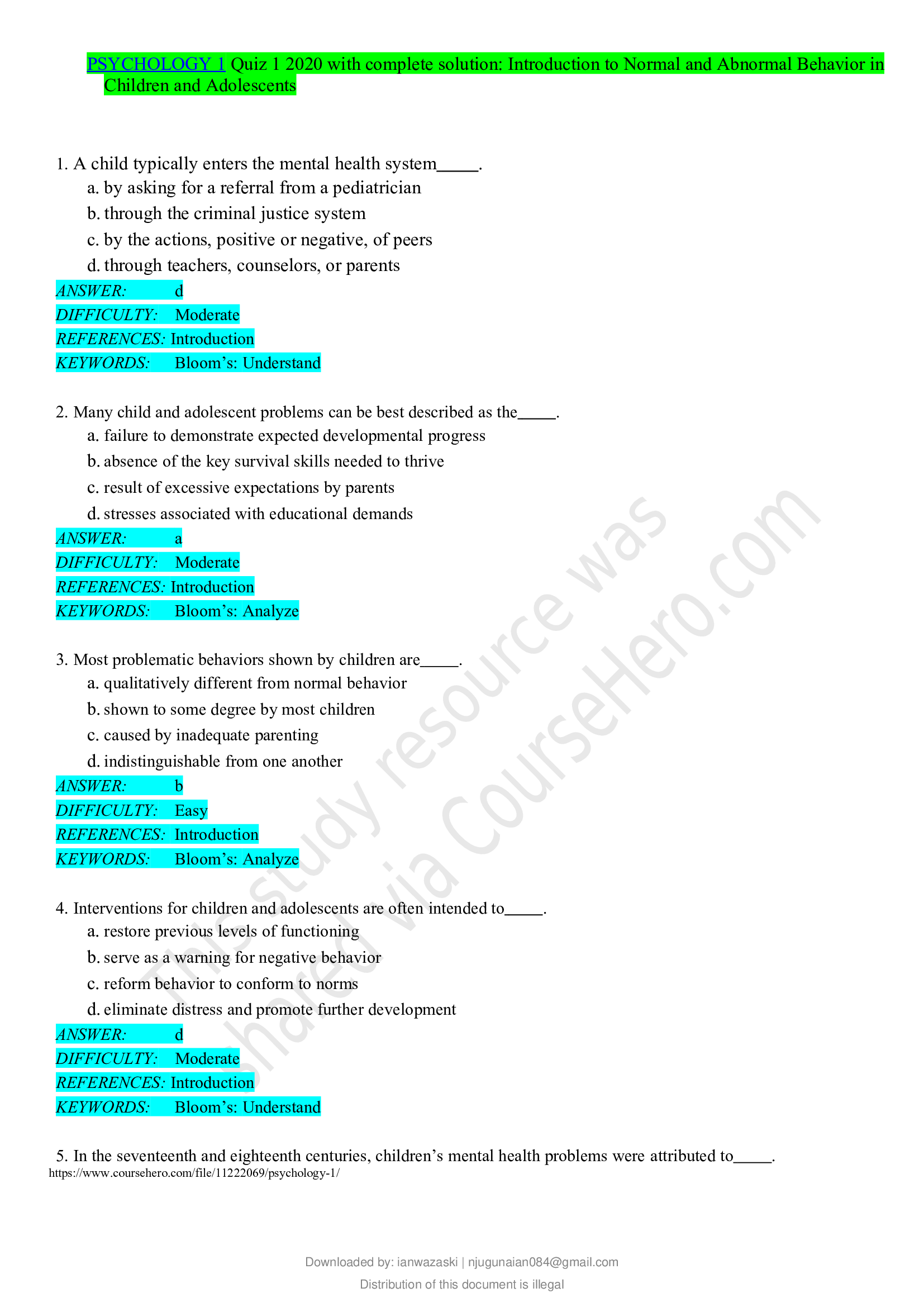 PSYCHOLOGY 1 Quiz 1 2020 with complete solution, Introduction to Normal and Abnormal Behavior in Children and Adolescents
